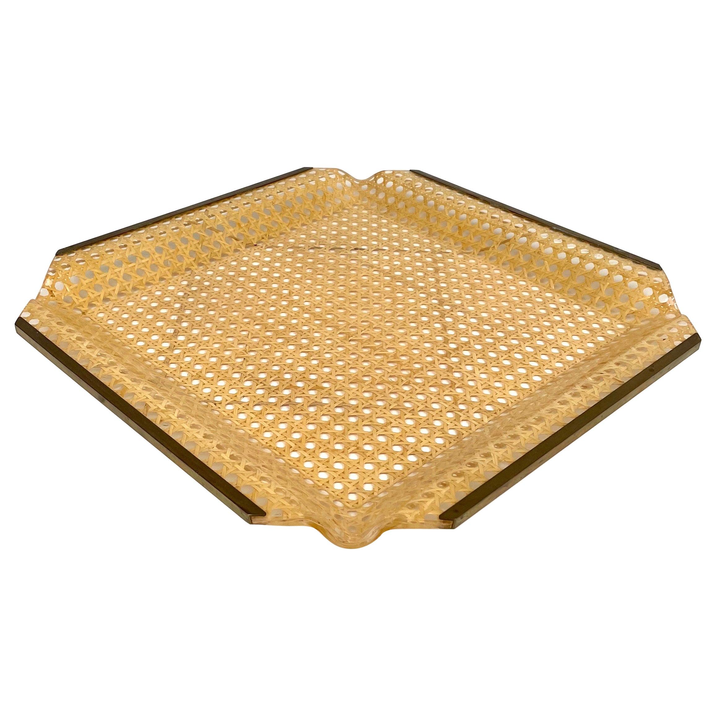 Centerpiece in Lucite, Rattan & Brass Christian Dior Style, Italy, 1970s