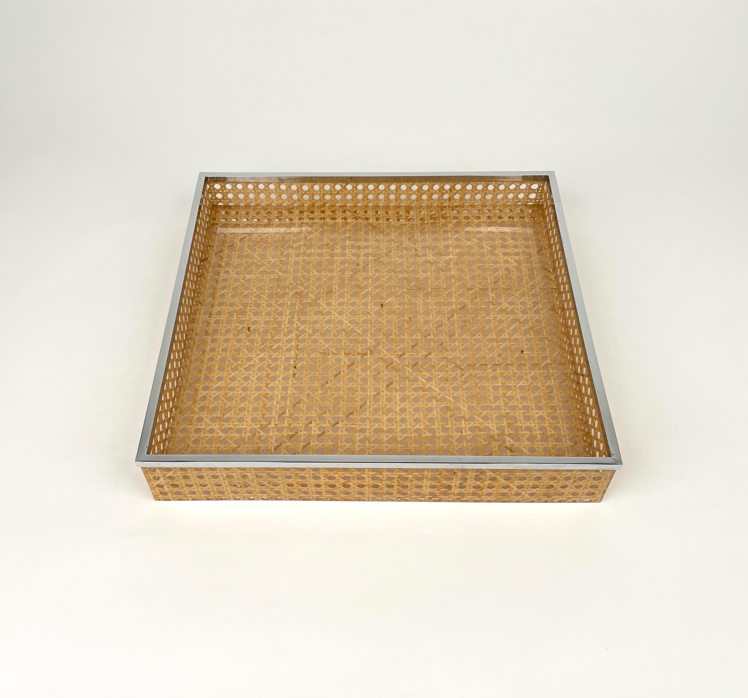 Late 20th Century Centerpiece Lucite, Rattan & Chrome Christian Dior Style, Italy 1970s