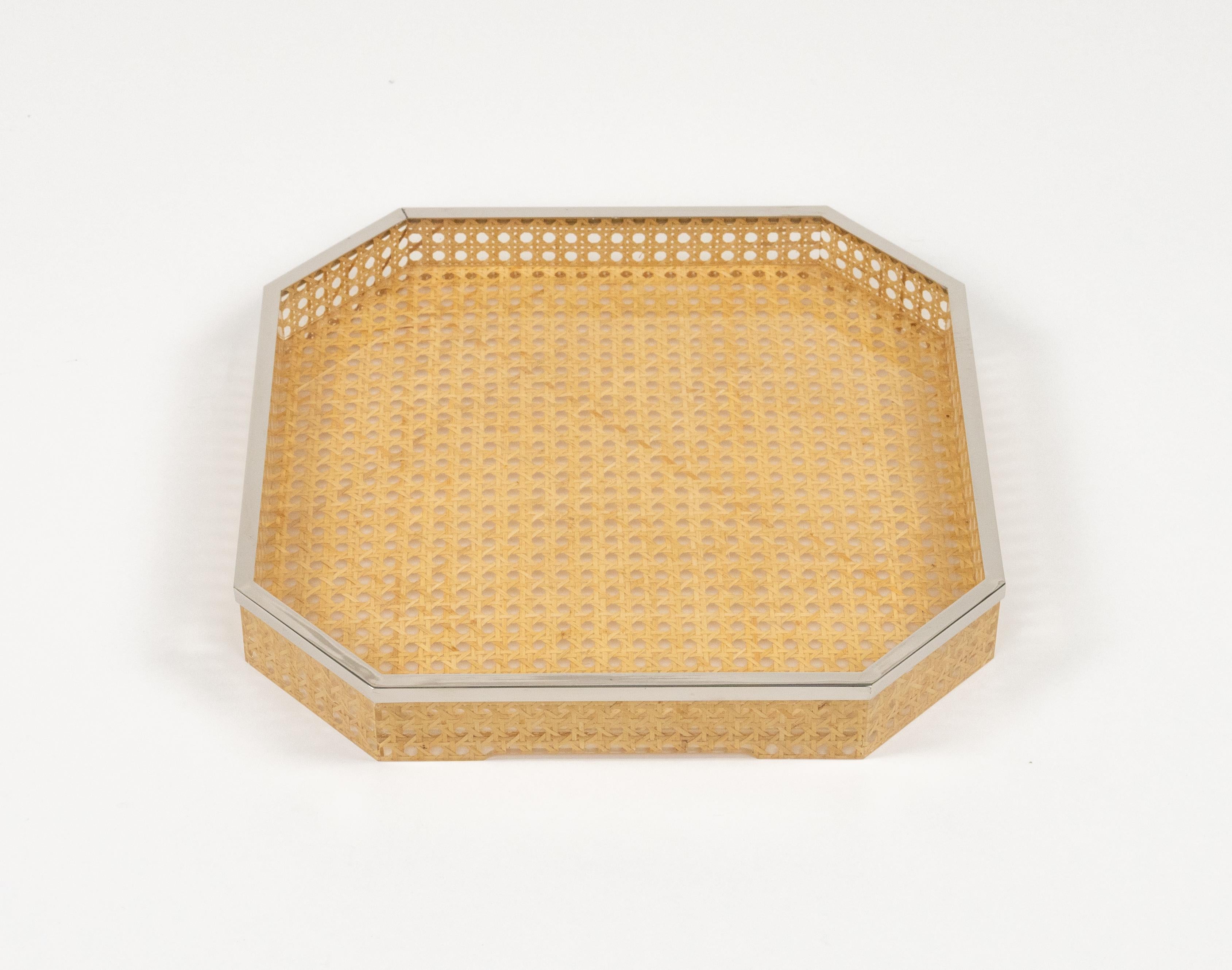 Mid-Century Modern Centerpiece Lucite, Wicker and Chrome Christian Dior Style, Italy 1970s For Sale