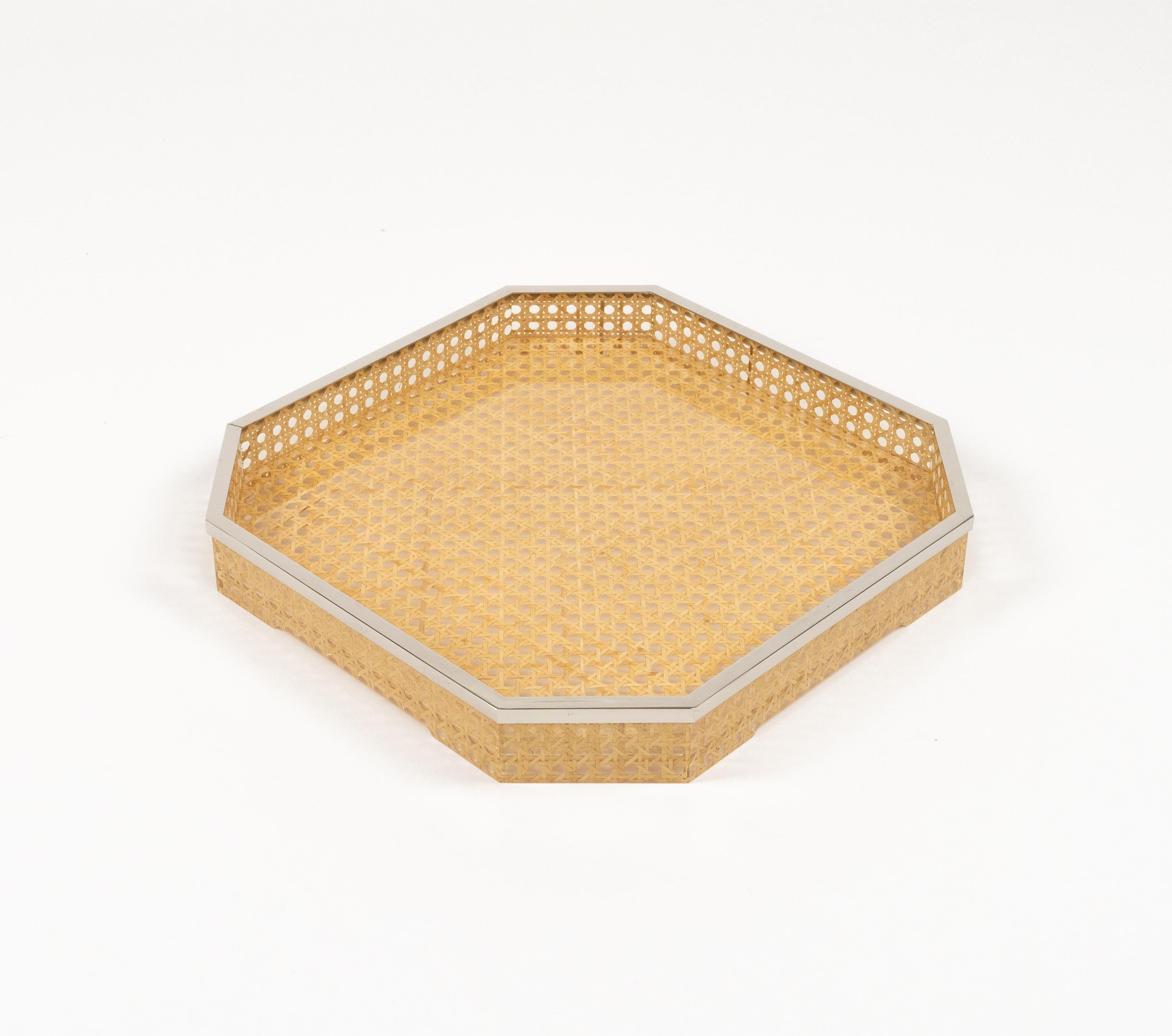 Late 20th Century Centerpiece Lucite, Wicker and Chrome Christian Dior Style, Italy 1970s For Sale