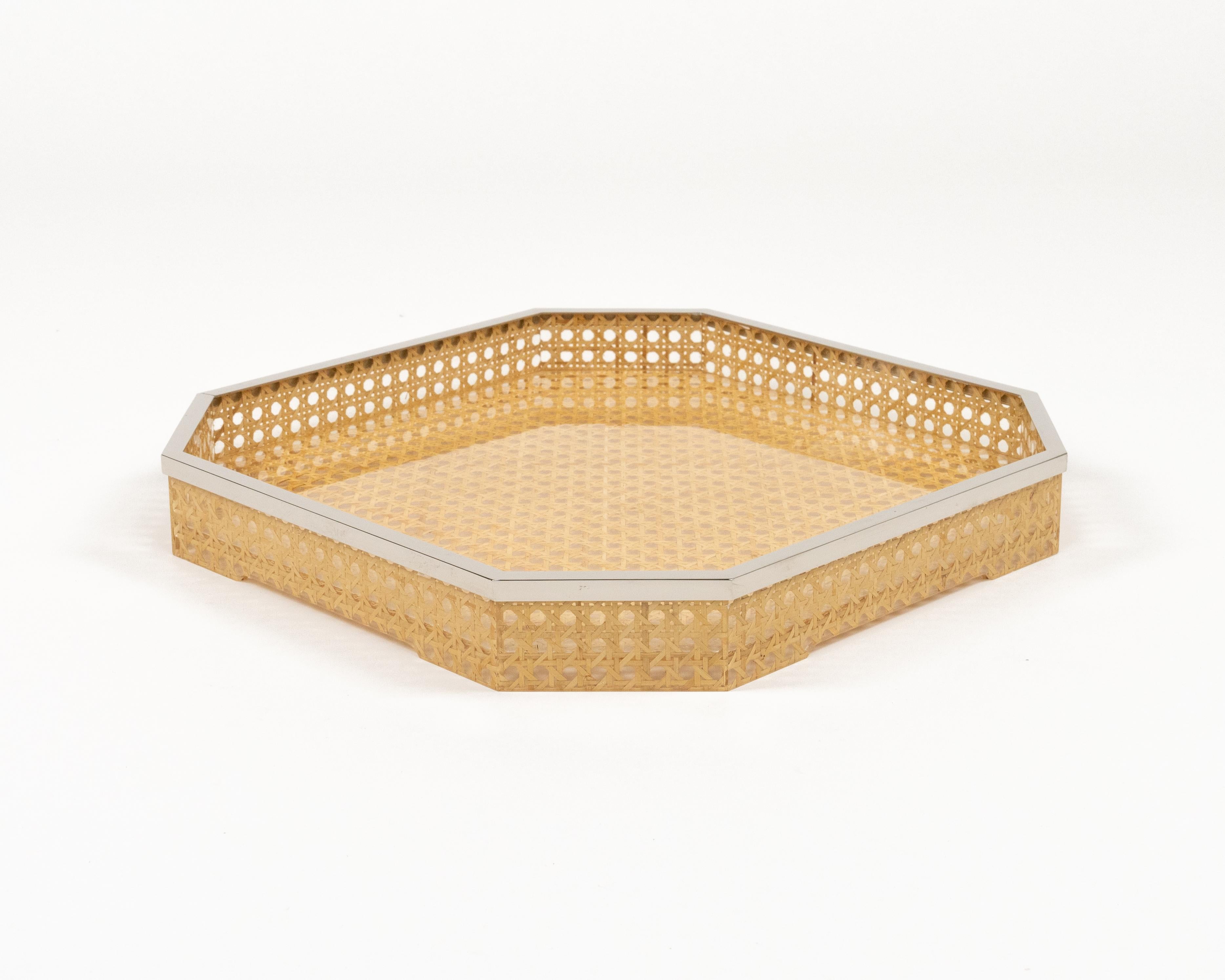 Metal Centerpiece Lucite, Wicker and Chrome Christian Dior Style, Italy 1970s For Sale