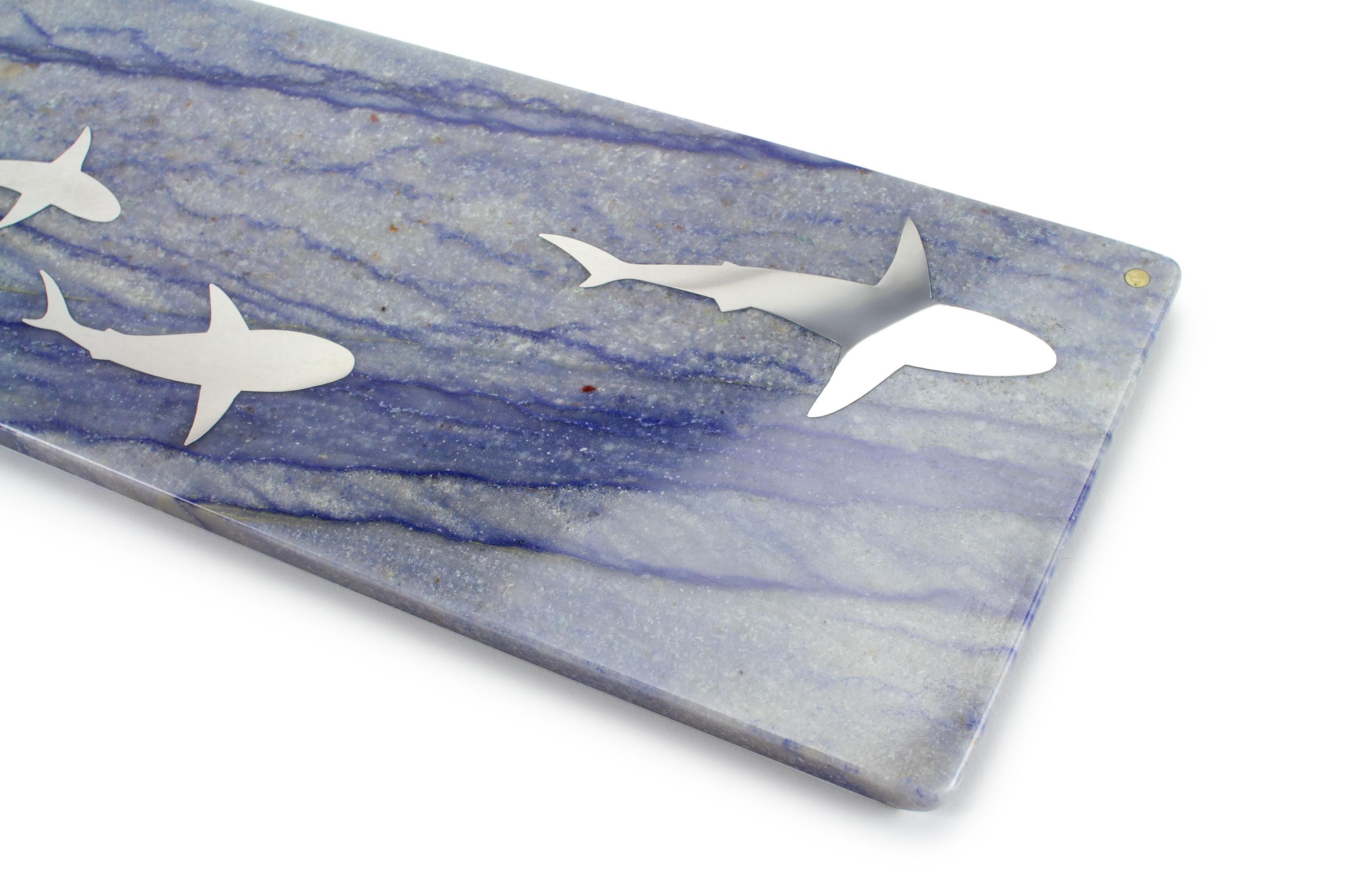 Modern Centerpiece Serveware Platters Blue Azul Macaubas Marble Inlay Steel Shark Italy For Sale