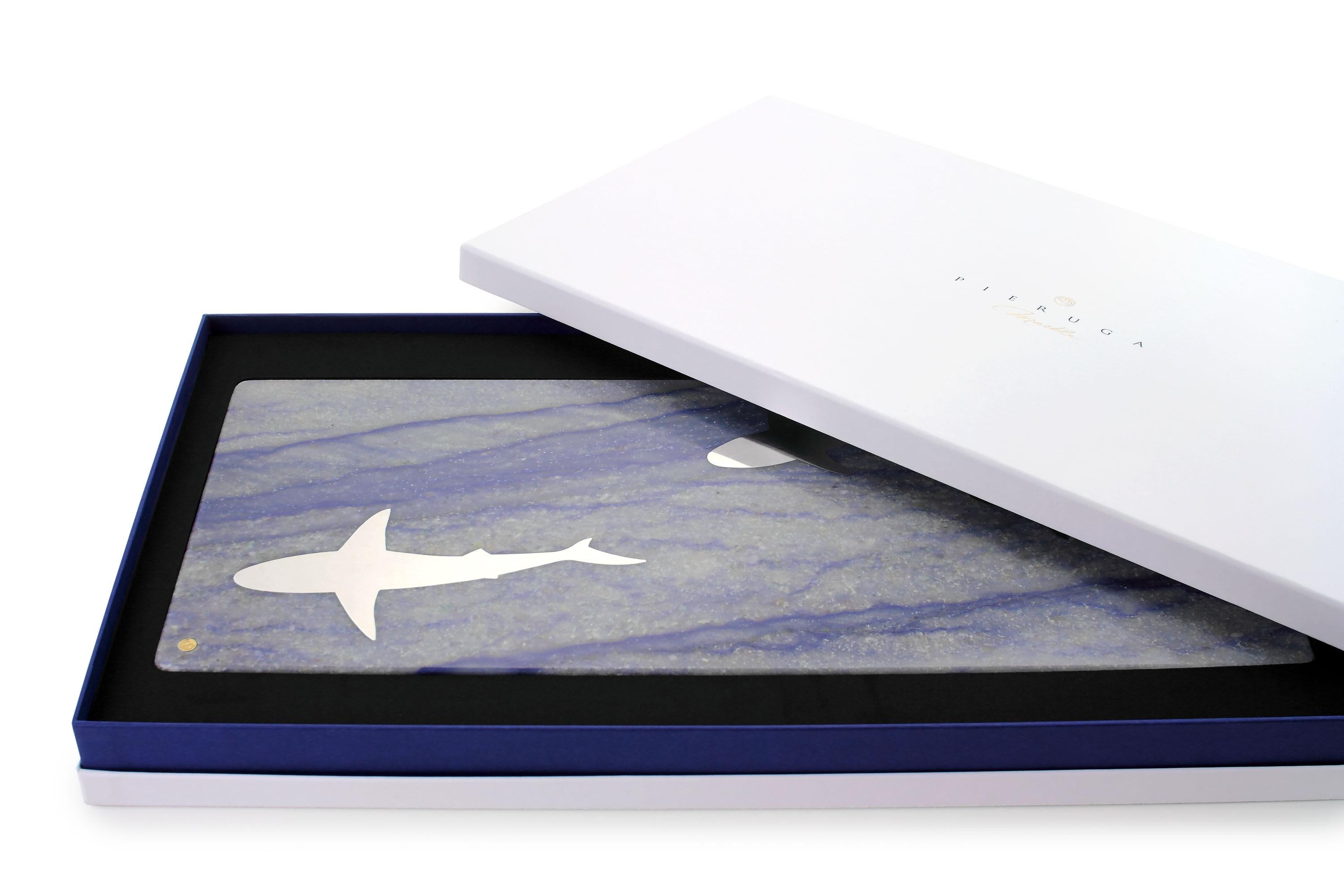 Italian Centerpiece Serveware Platters Blue Azul Macaubas Marble Inlay Steel Shark Italy For Sale