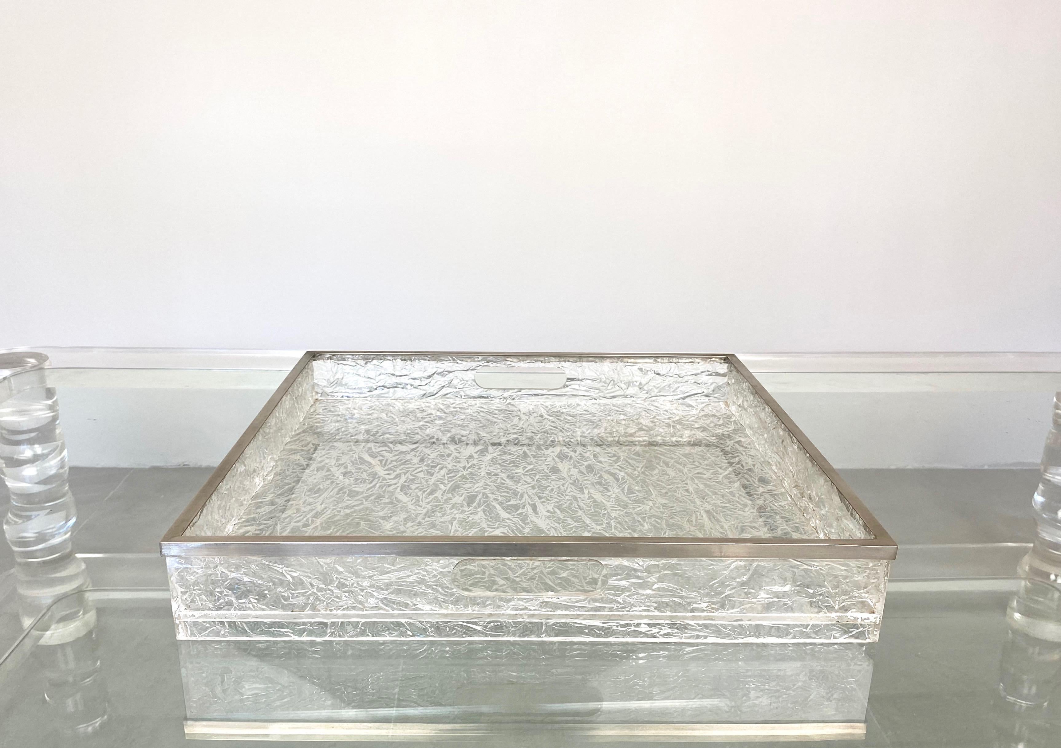 Mid-Century Modern Centerpiece Serving Tray Ice Effect Lucite Nickel Willy Rizzo, Italy, 1970s For Sale