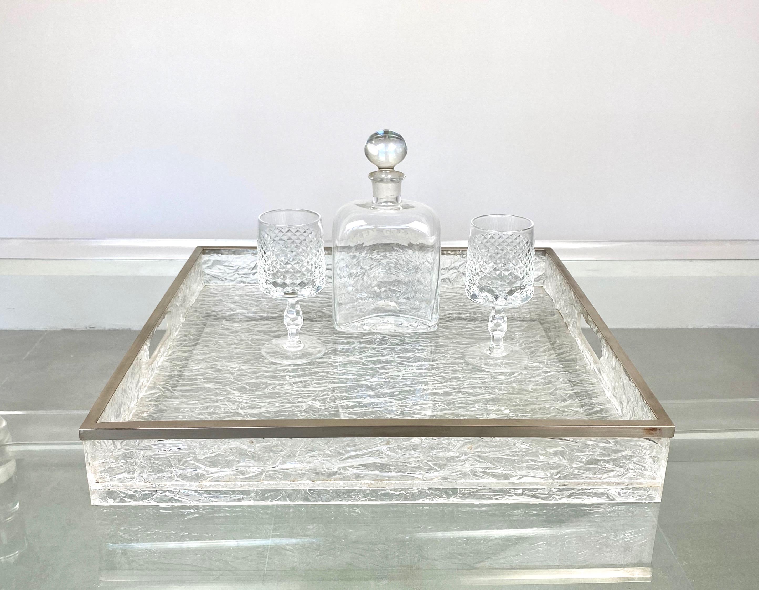 Italian Centerpiece Serving Tray Ice Effect Lucite Nickel Willy Rizzo, Italy, 1970s For Sale