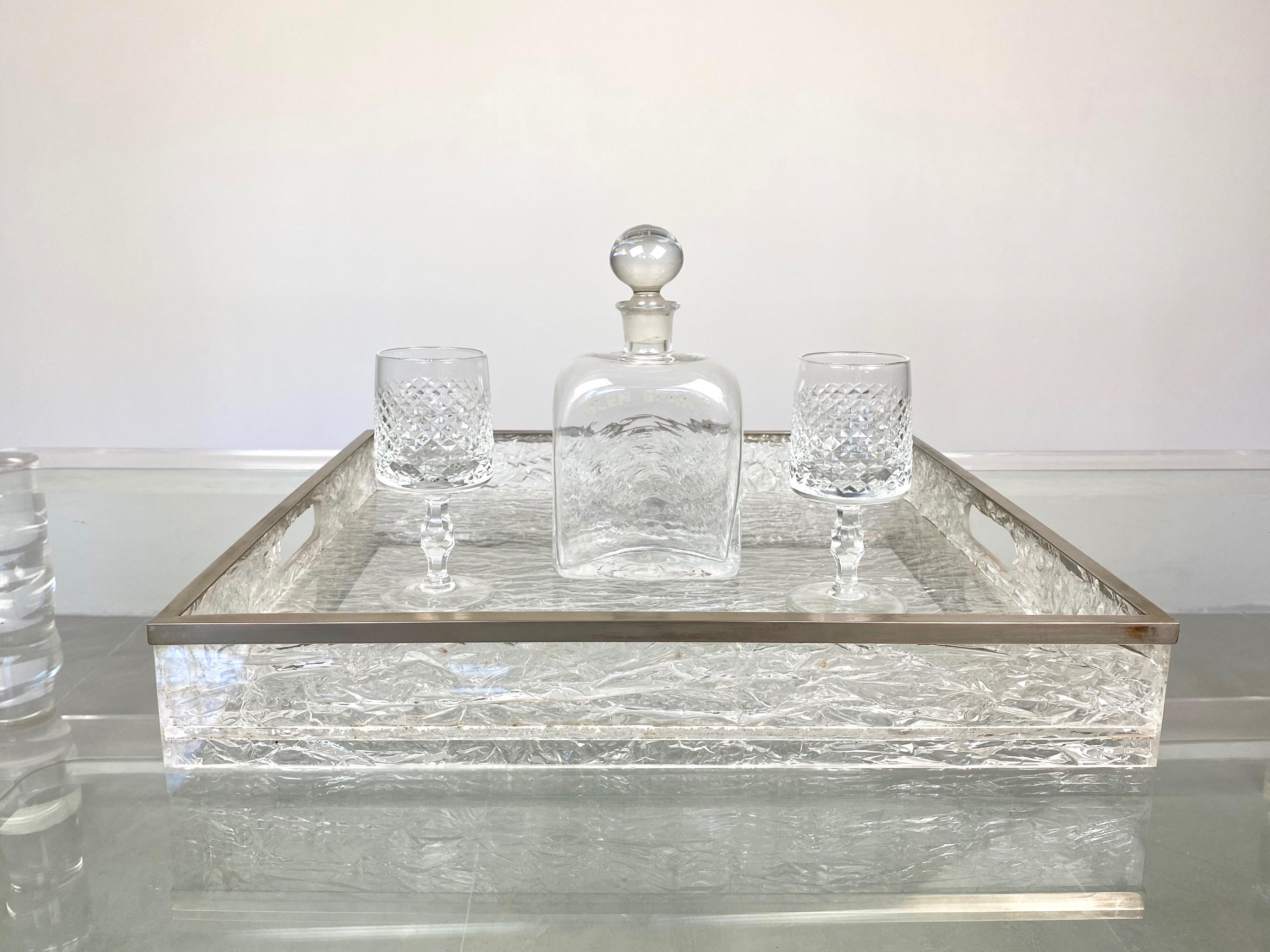 Centerpiece Serving Tray Ice Effect Lucite Nickel Willy Rizzo, Italy, 1970s In Good Condition For Sale In Rome, IT