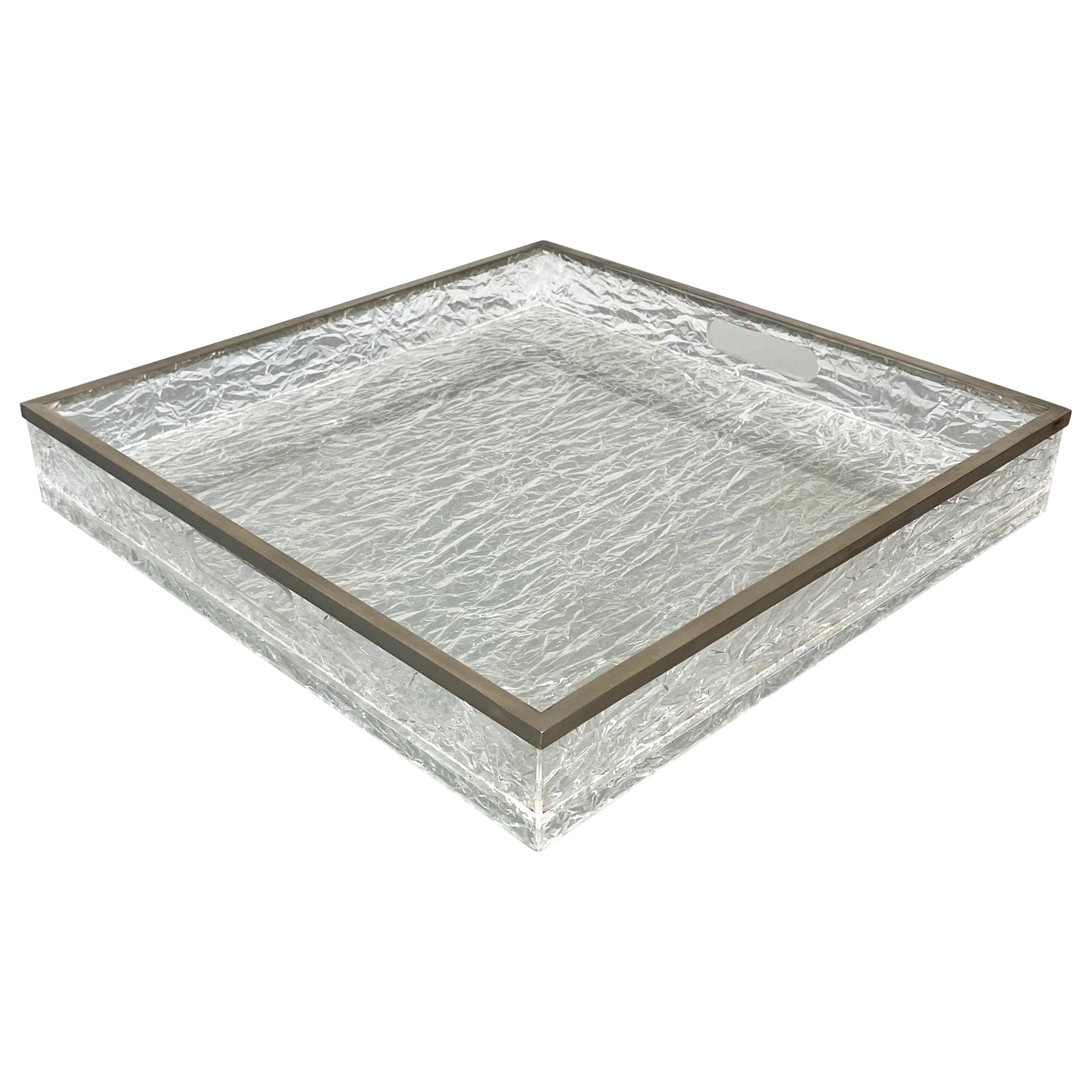Centerpiece Serving Tray Ice Effect Lucite Nickel Willy Rizzo, Italy, 1970s