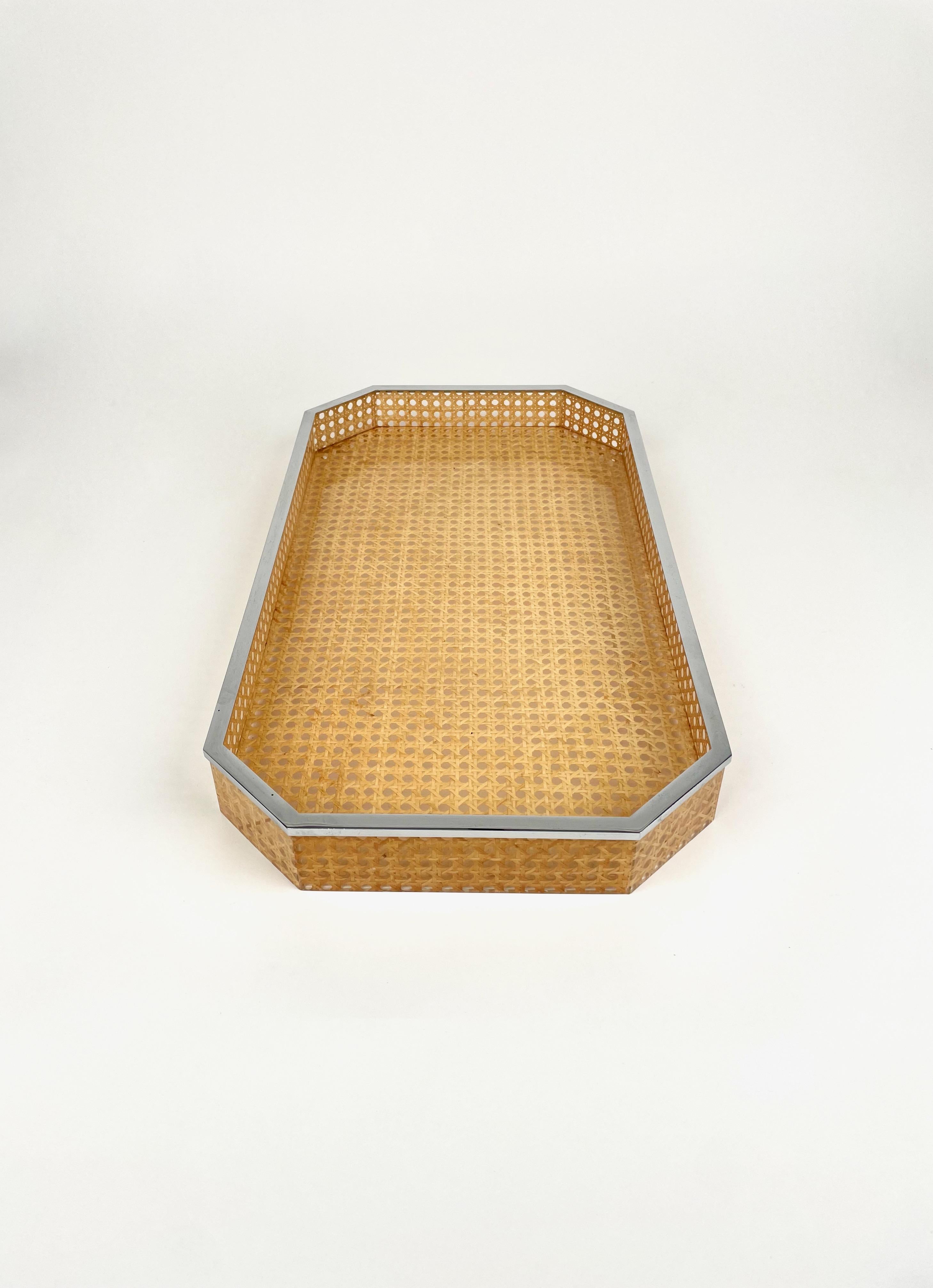 Centerpiece Tray Lucite, Rattan & Chrome Christian Dior Style, Italy, 1970s 3
