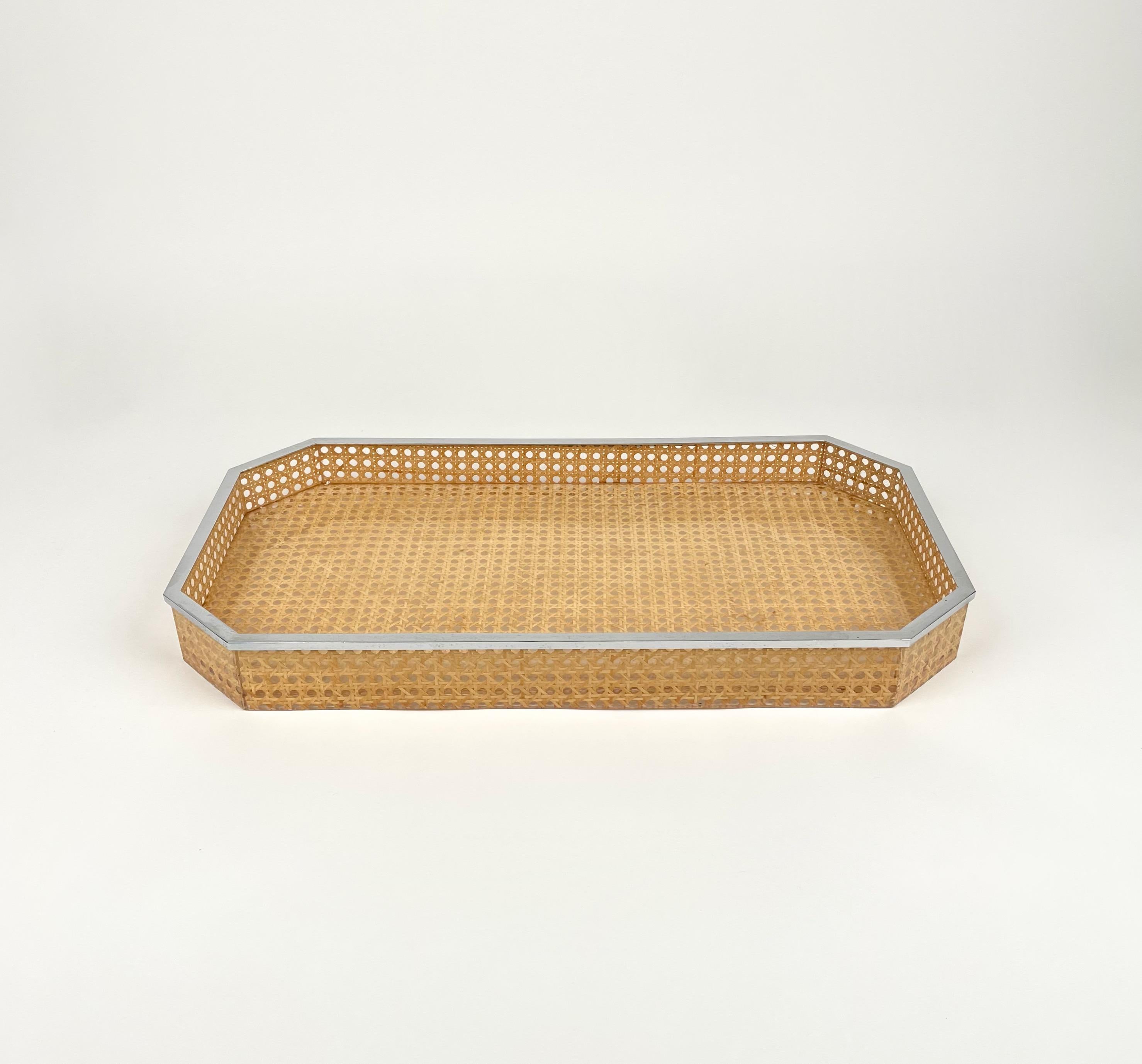 Mid-Century Modern Centerpiece Tray Lucite, Rattan & Chrome Christian Dior Style, Italy, 1970s