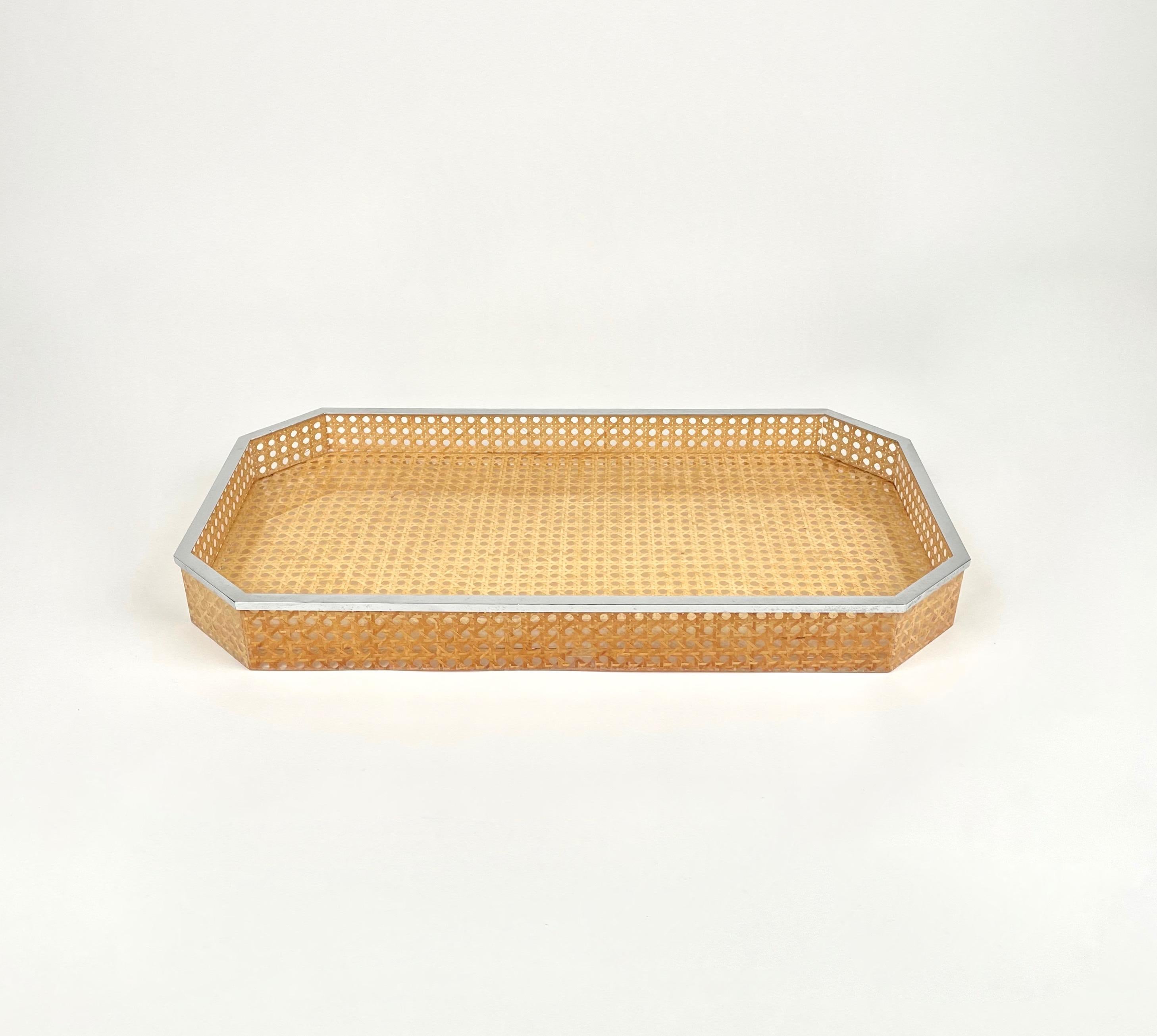 Late 20th Century Centerpiece Tray Lucite, Rattan & Chrome Christian Dior Style, Italy, 1970s