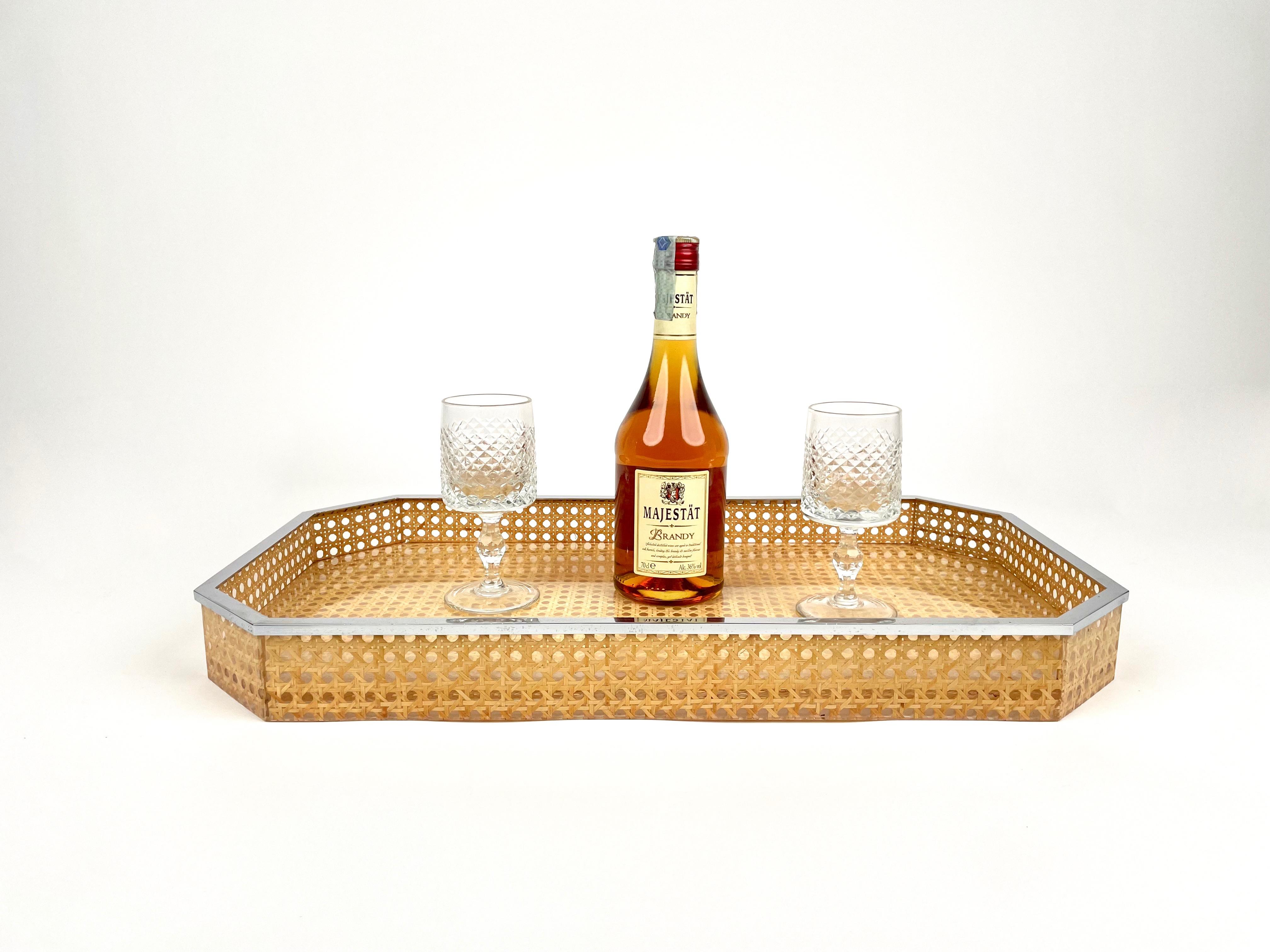 Metal Centerpiece Tray Lucite, Rattan & Chrome Christian Dior Style, Italy, 1970s