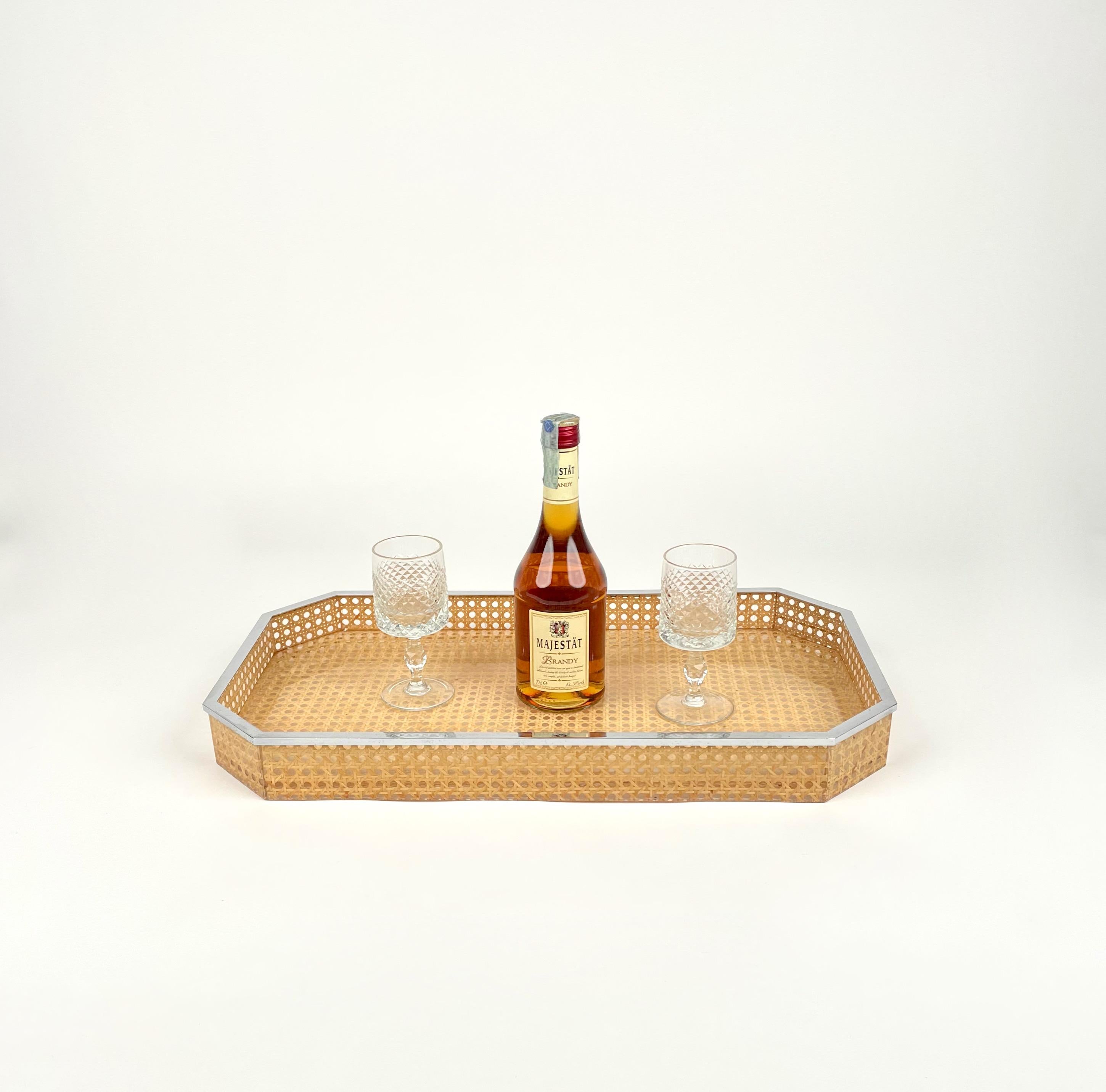 Centerpiece Tray Lucite, Rattan & Chrome Christian Dior Style, Italy, 1970s 1