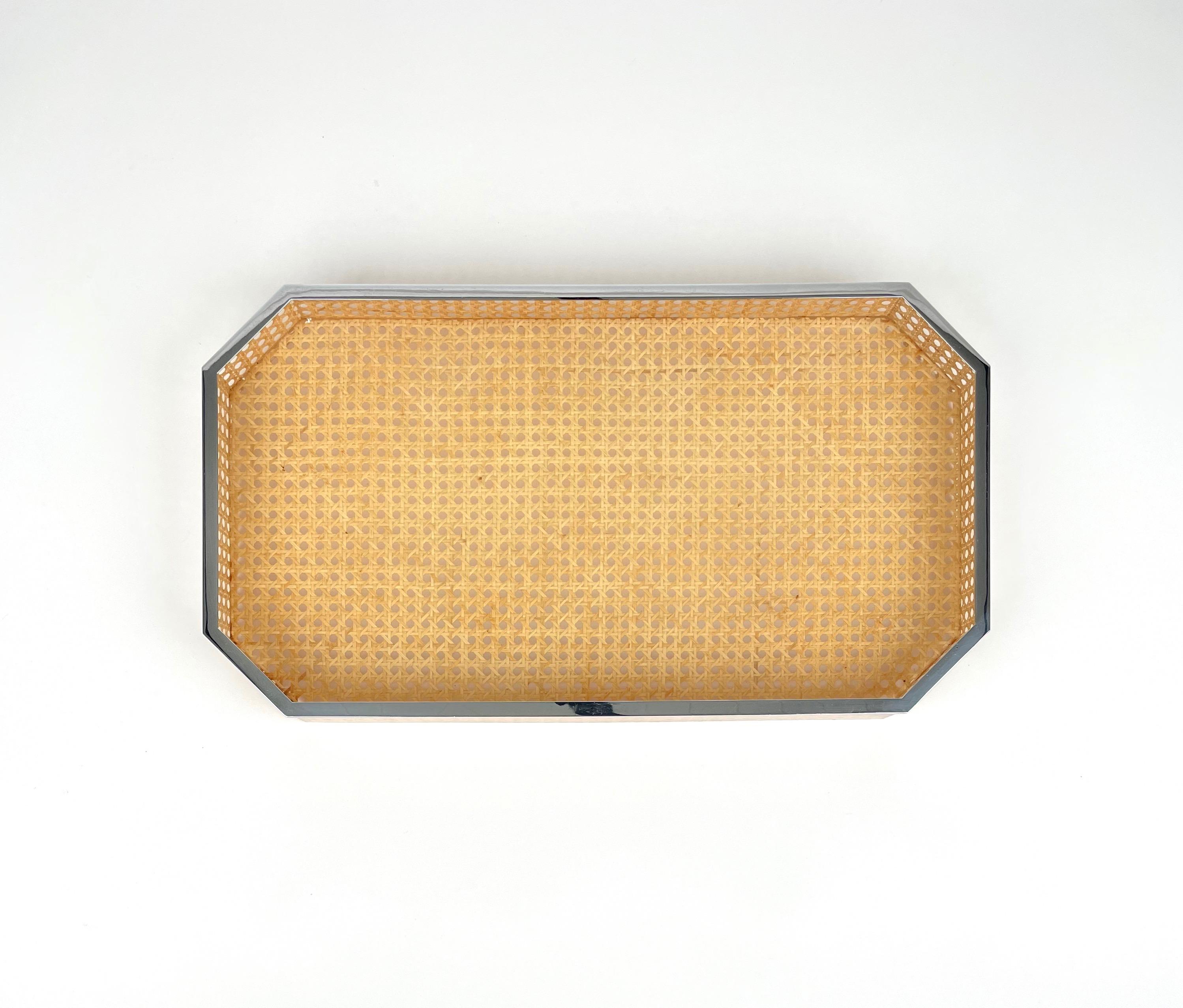 Centerpiece Tray Lucite, Rattan & Chrome Christian Dior Style, Italy, 1970s 2