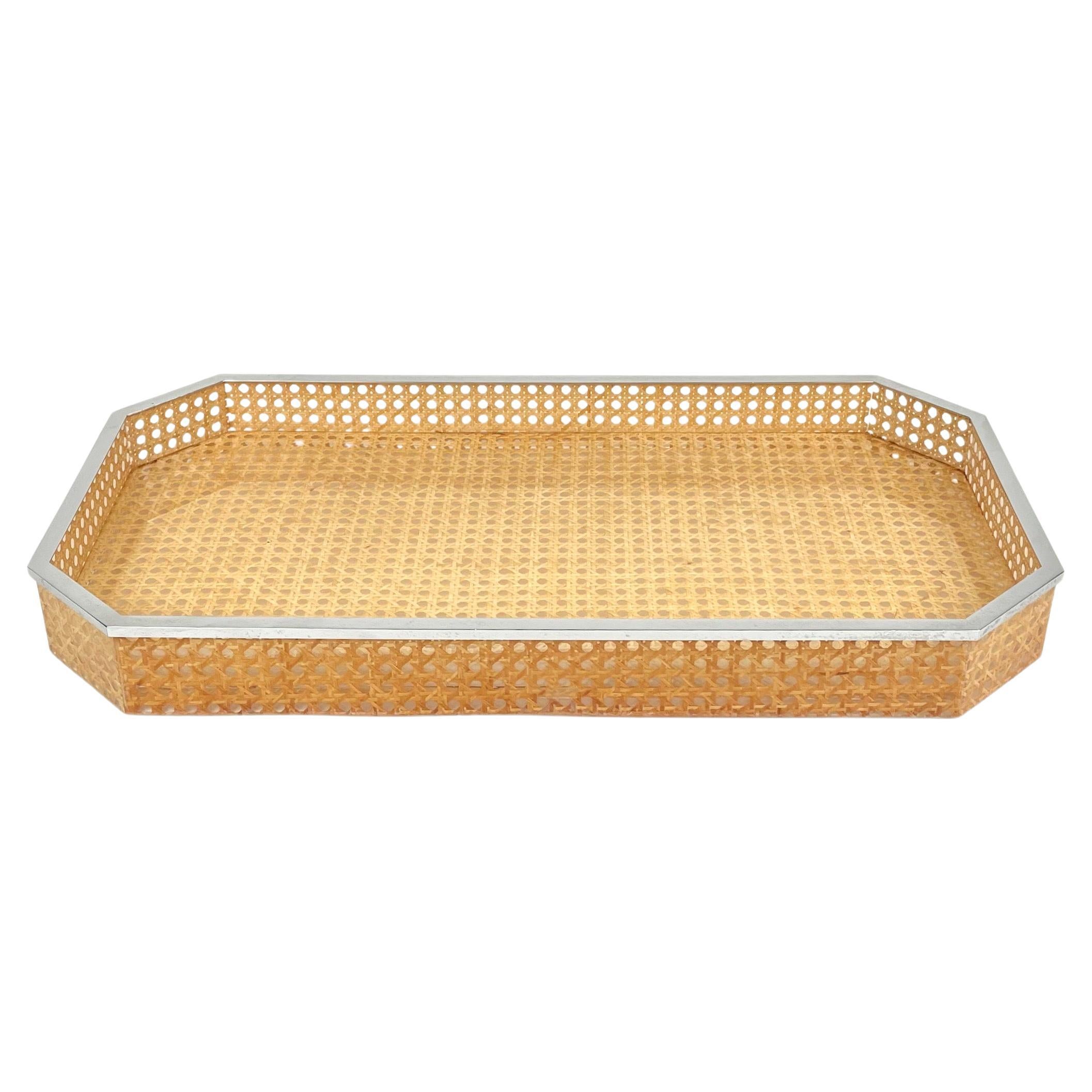 Centerpiece Tray Lucite, Rattan & Chrome Christian Dior Style, Italy, 1970s