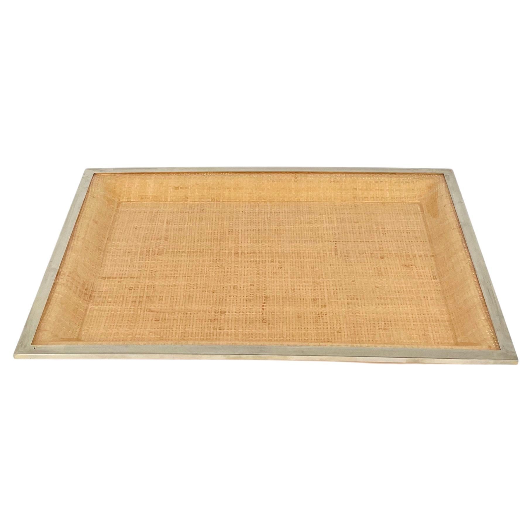 Bandeja centro de mesa Lucite, mimbre y cromo Estilo Christian Dior, Italia Años 70