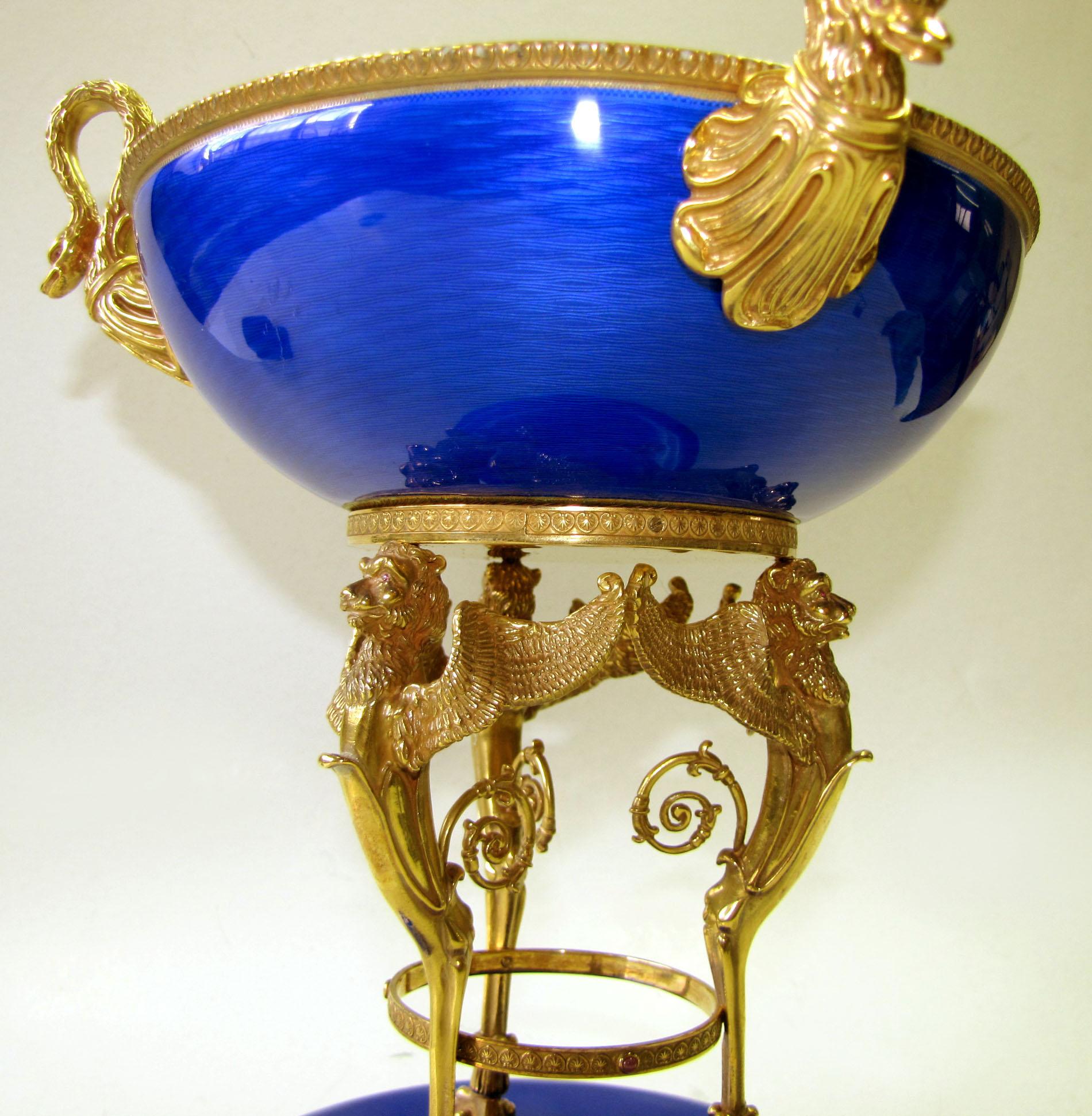 Centerpiece winged lions blue fired enamel sterling silver Salimbeni in vendita 4