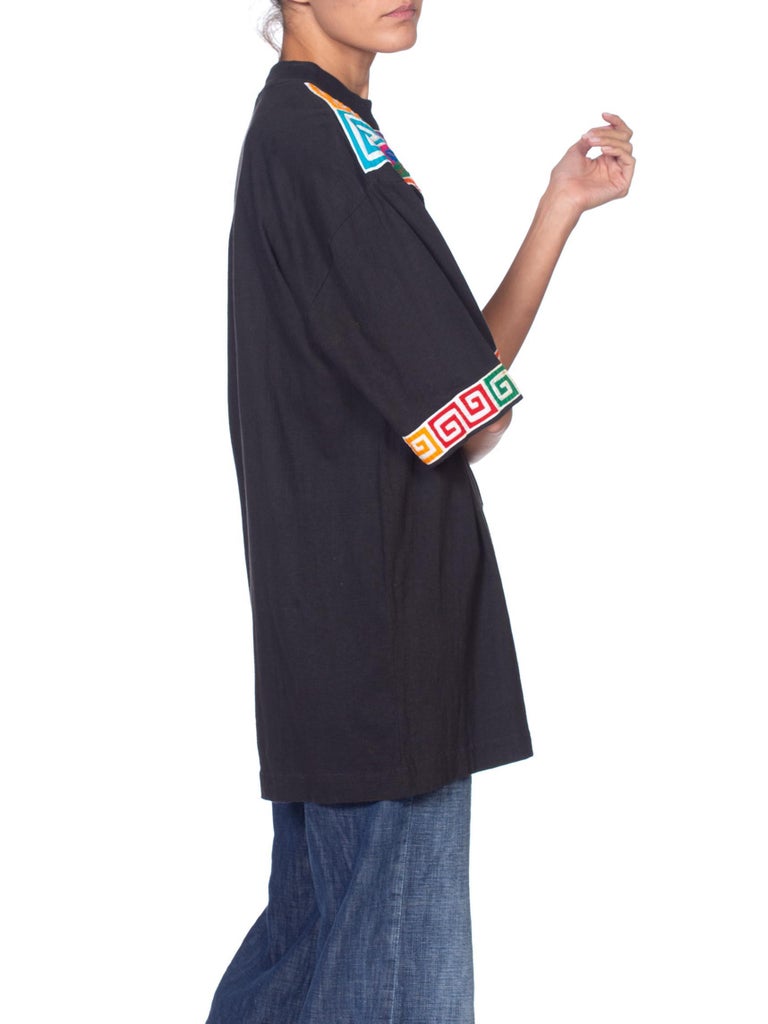 60s floral textile appliqué black tee - one-of-a-kind rework