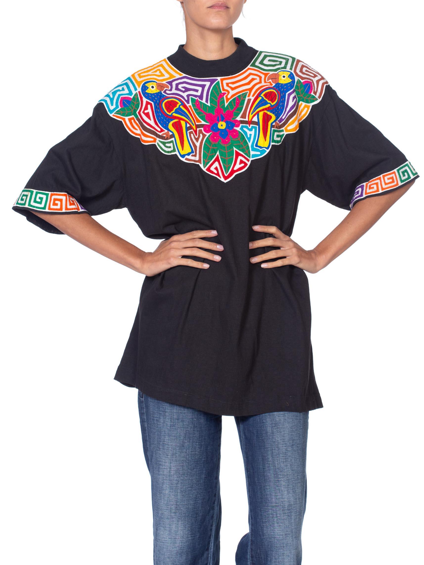 1980S Black Cotton Central American Floral And Parrot Appliqué T-Shirt 2