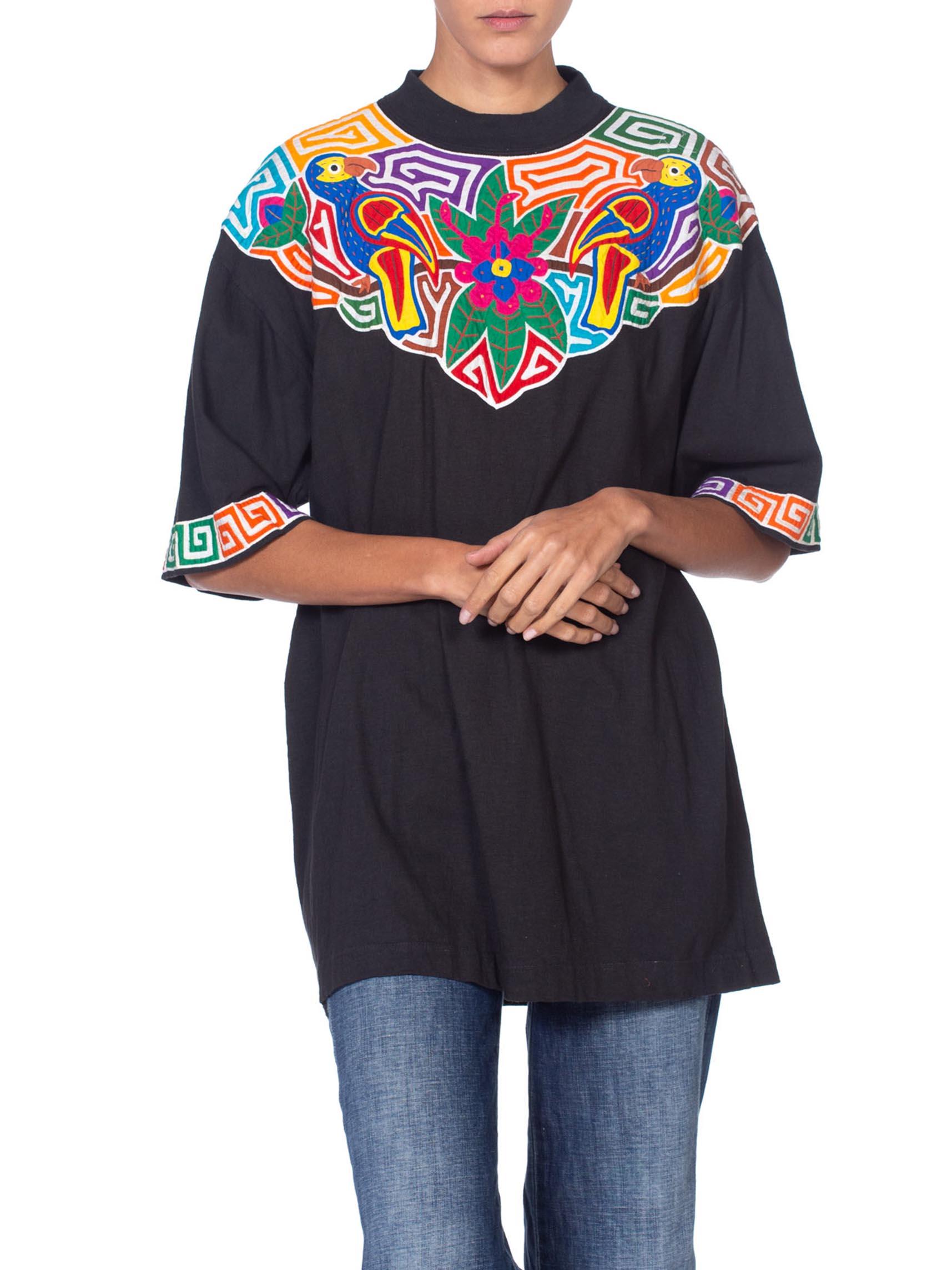 1980S Black Cotton Central American Floral And Parrot Appliqué T-Shirt 3