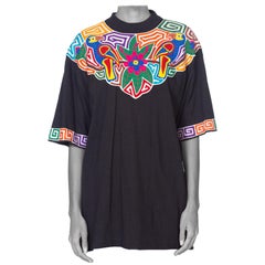 1980S Black Cotton Central American Floral And Parrot Appliqué T-Shirt