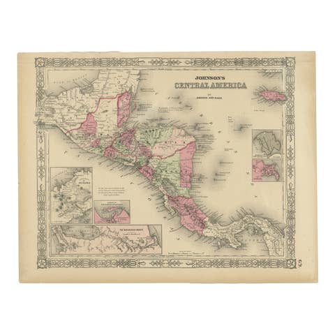 Central America Map – Johnson, Hand-Colored with Insets, c.1864