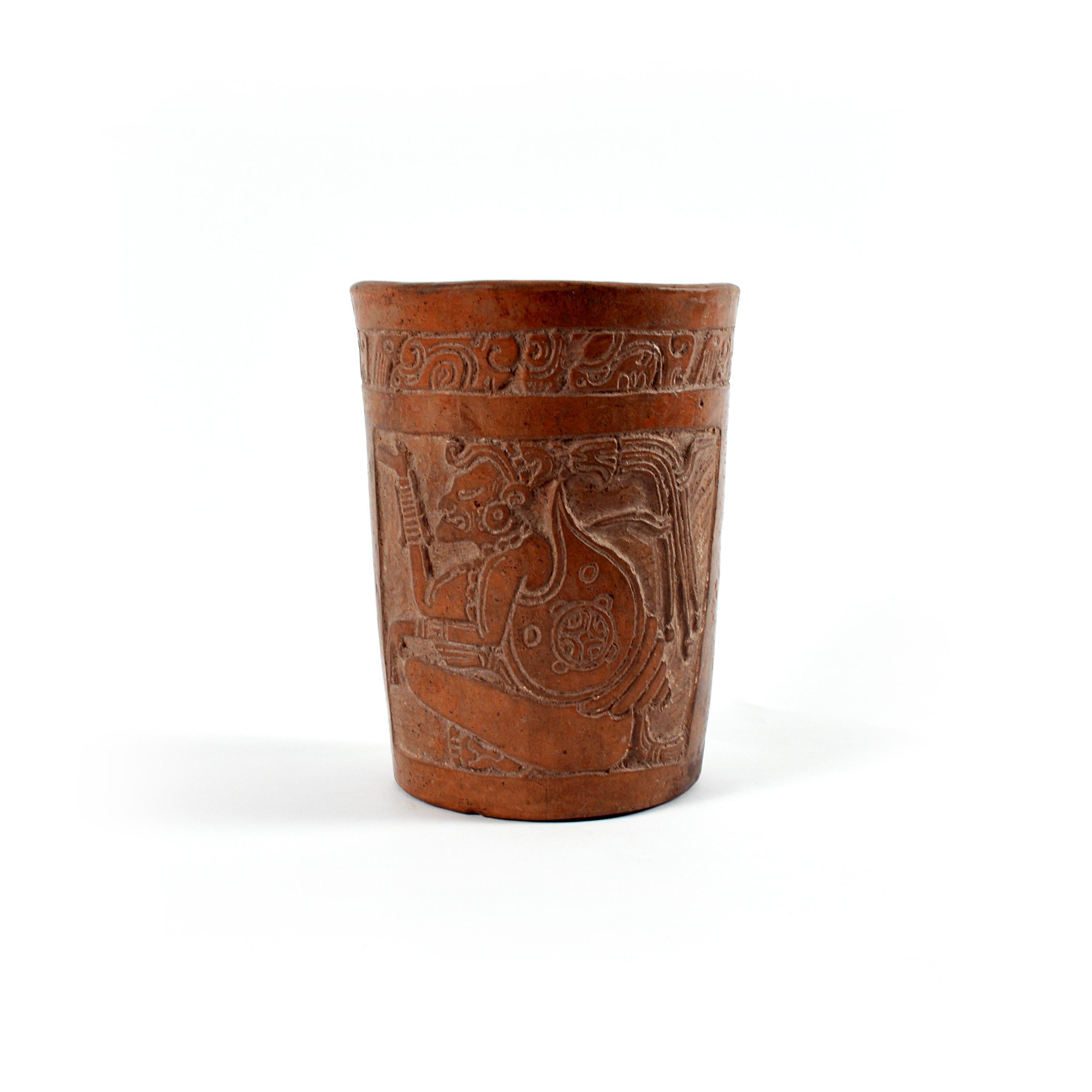Hand-Carved Central American Mayan Terracotta Cylindrical Vessel