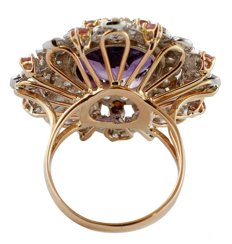 Round Cut Central Amethyst, Diamonds, Tourmaline, White& Rose Gold Ring For Sale