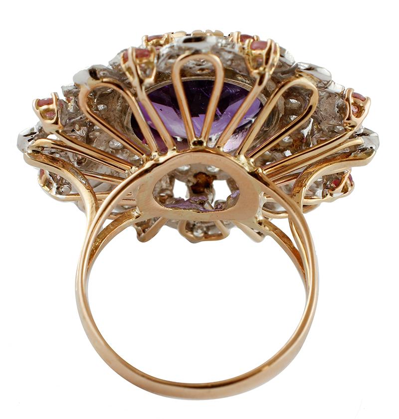 Round Cut Central Amethyst, Diamonds, Tourmaline, White& Rose Gold Ring For Sale