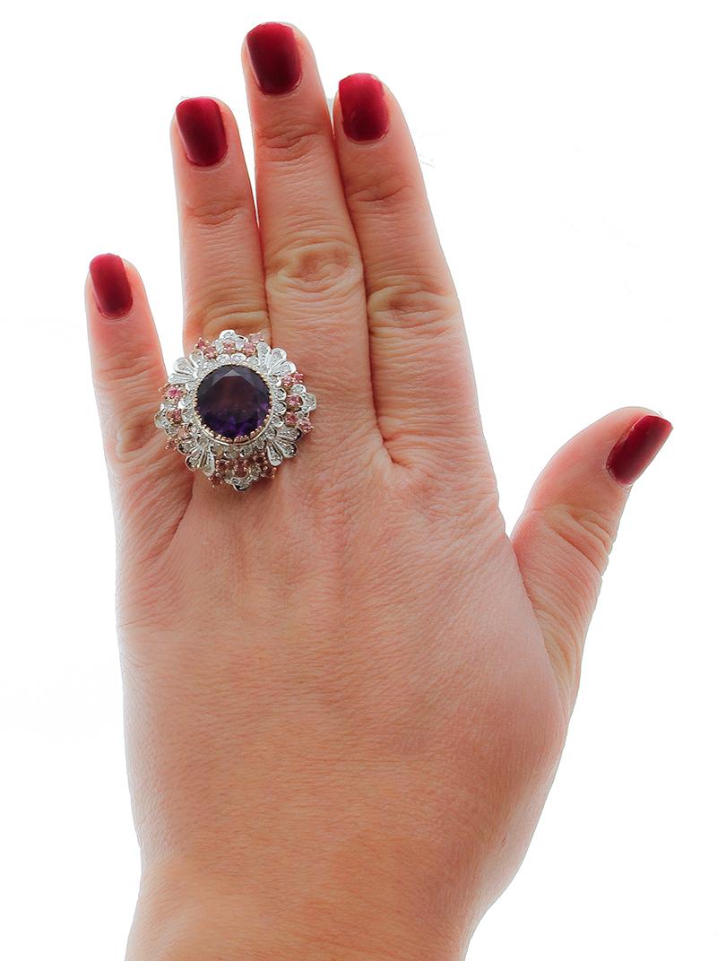 Central Amethyst, Diamonds, Tourmaline, White& Rose Gold Ring In Good Condition For Sale In Marcianise, Marcianise (CE)
