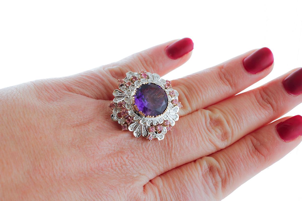 Women's Central Amethyst, Diamonds, Tourmaline, White& Rose Gold Ring For Sale