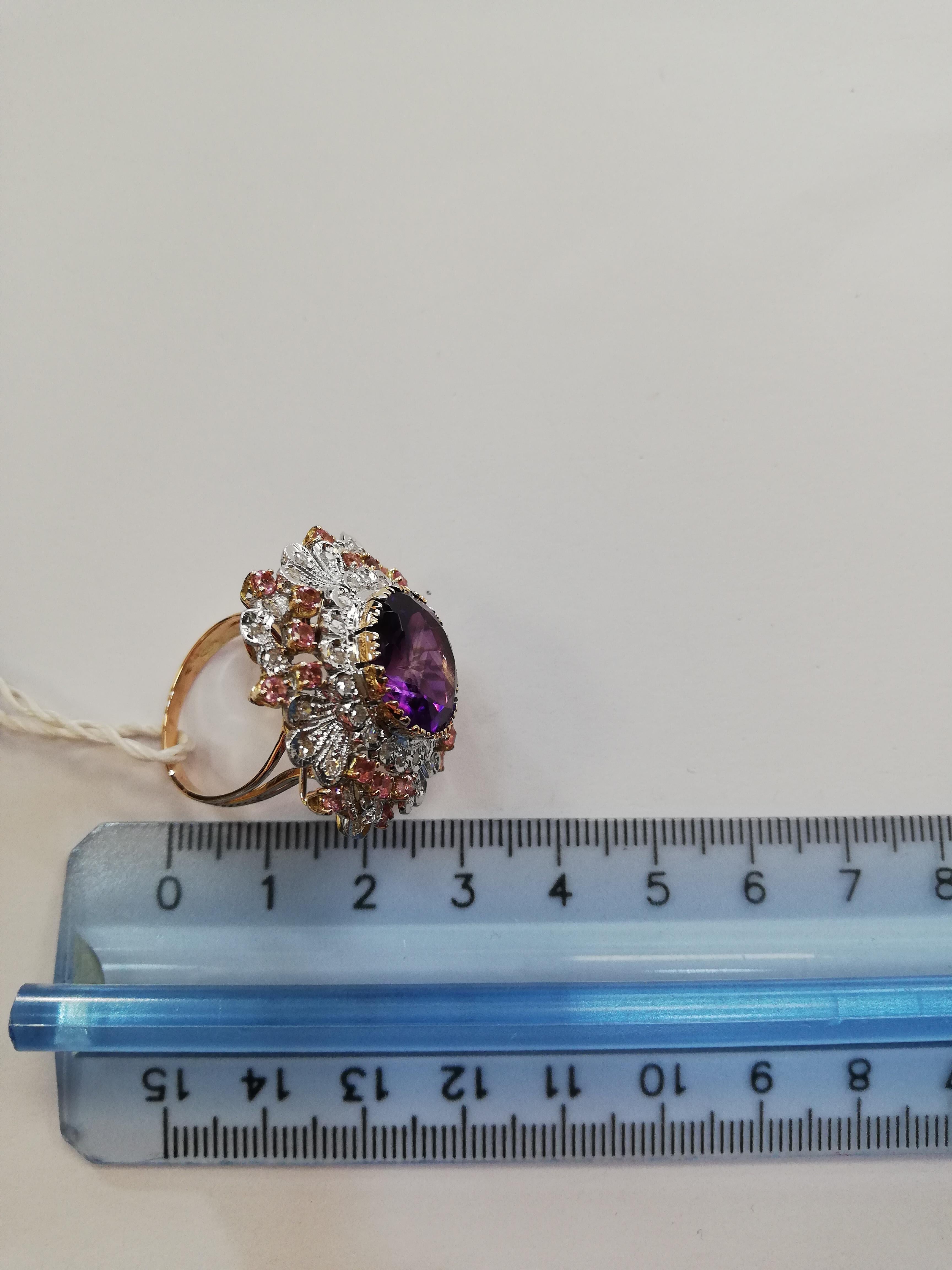 Central Amethyst, Diamonds, Tourmaline, White& Rose Gold Ring For Sale 2