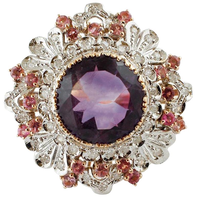 Central Amethyst, Diamonds, Tourmaline, White& Rose Gold Ring For Sale