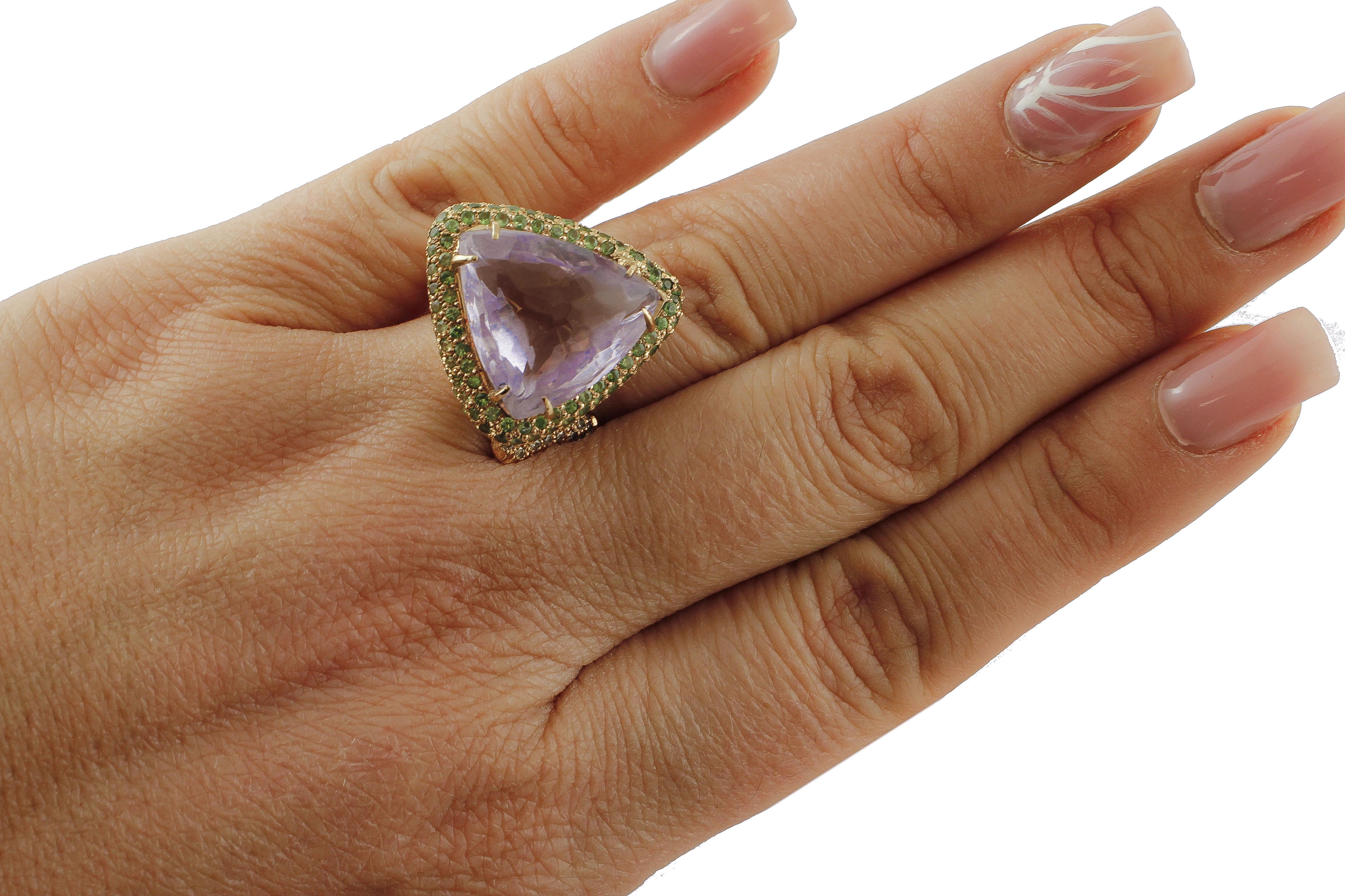 Women's Central Amethyst, Diamonds, Tsavorites, 14 Karat Rose Gold Ring For Sale