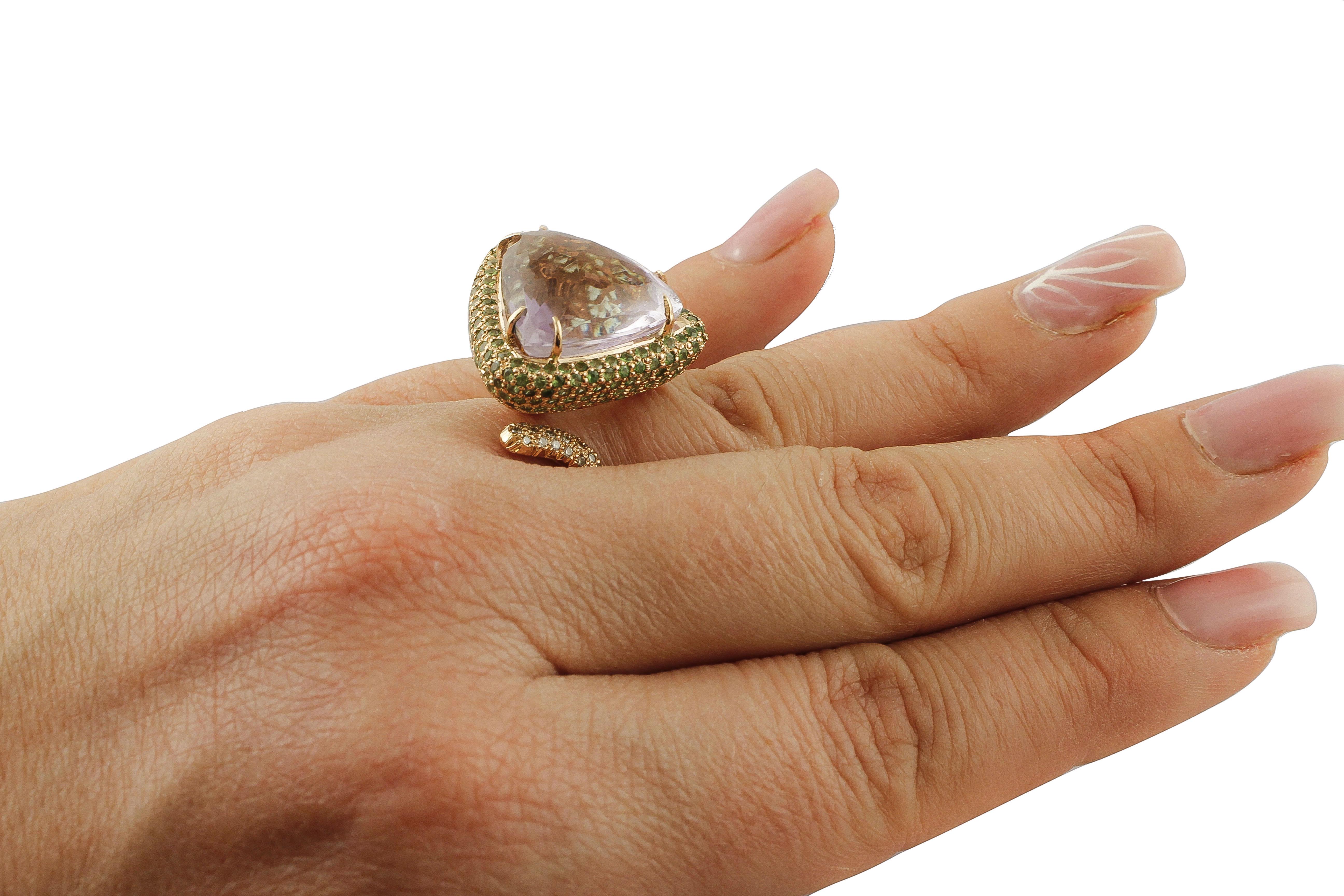 Central Amethyst, Diamonds, Tsavorites, 14 Karat Rose Gold Ring For Sale 1