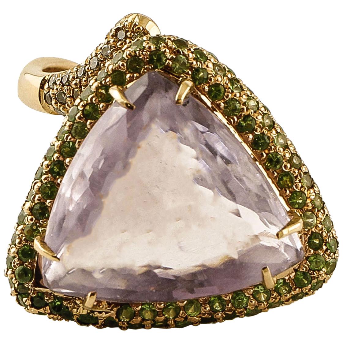 Zentraler Amethyst, Diamanten, Tsavorit, Ring aus 14 Karat Roségold