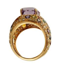 Mittel Amethyst, Diamanten, Tsavorit, Granate, Topas, Ring aus 14 Karat Gelbgold