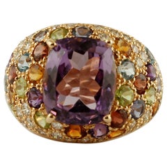 Central Amethyst, Diamonds, Tsavorite, Garnets, Topazes, 14k Yellow Gold Ring