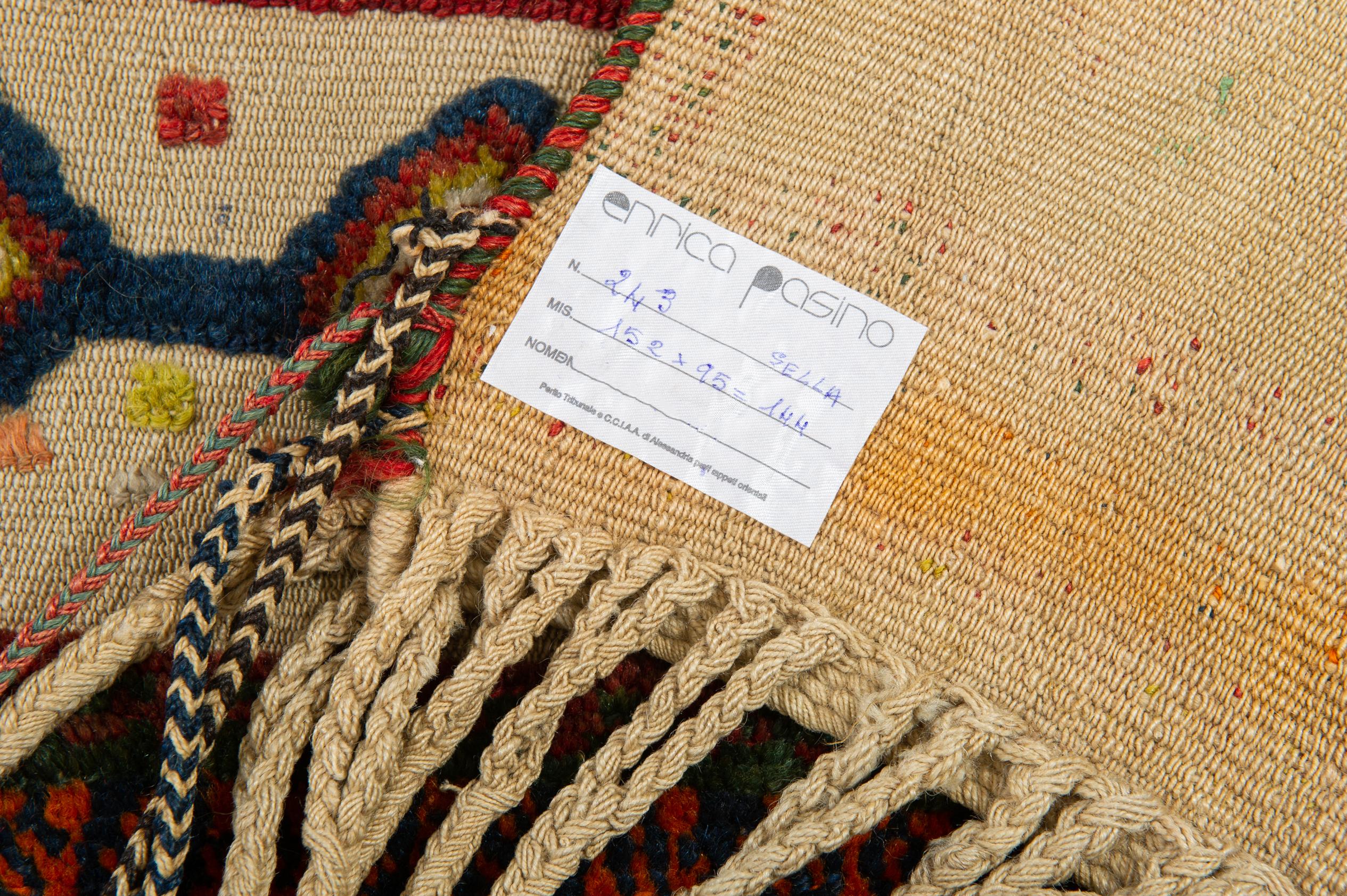 nr. 243 - -  This is an antique typical nomadic rug that nomads sit under the leather saddle. It's antique, so there are no longer the two side strips to put around the horse's neck. 
It was the messy job of some girl who wasn't yet skilled in