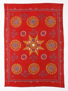 Central Asian Suzani Textile. Embroidered Cotton & Silk Bed Cover, Wall Hanging