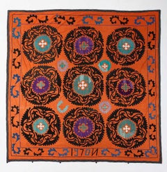 Central Asian Suzani Textile, Embroidered Cotton and Silk Bed Cover