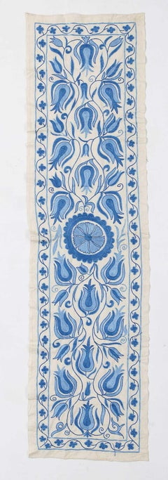 1.6x6 Ft Central Asian Suzani Textile, Embroidered Cotton and Silk Bed Cover