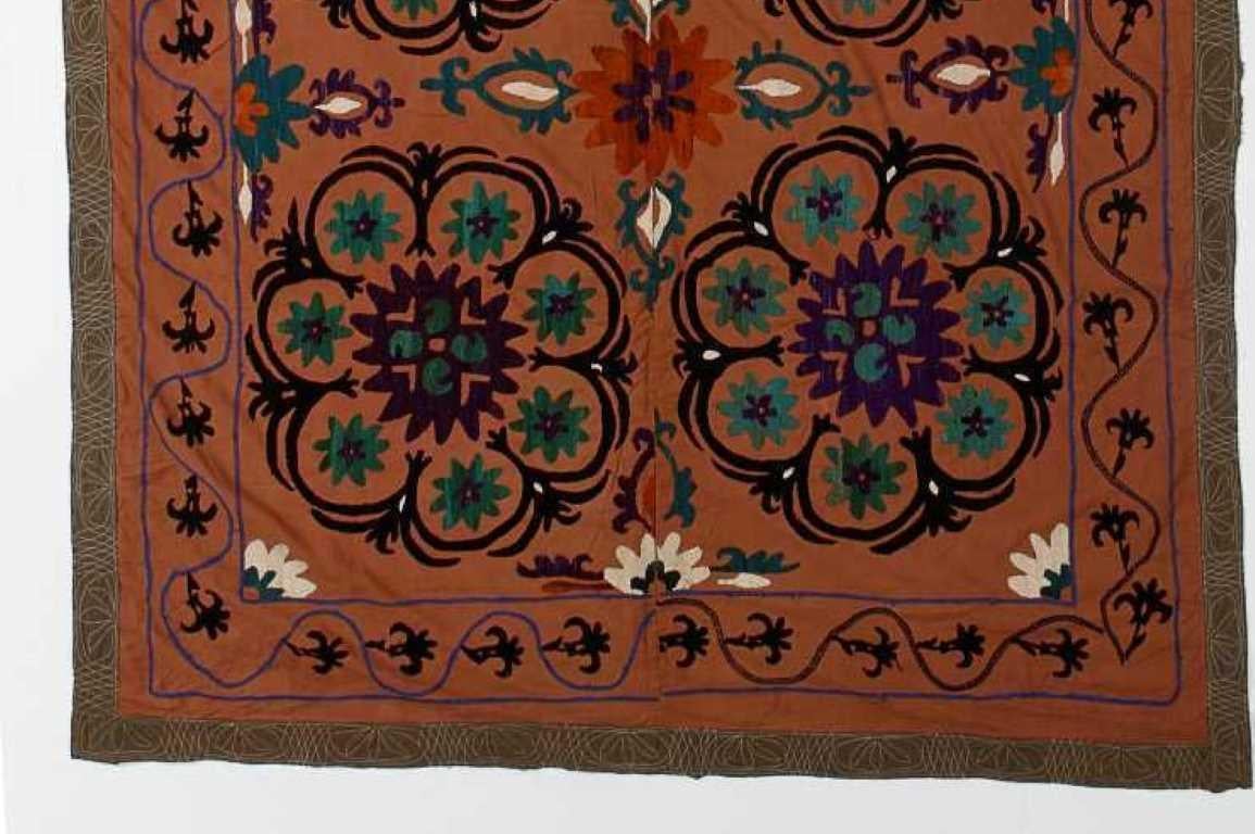 Uzbek Central Asian Suzani Textile, Embroidered Cotton and Silk Bed Cover