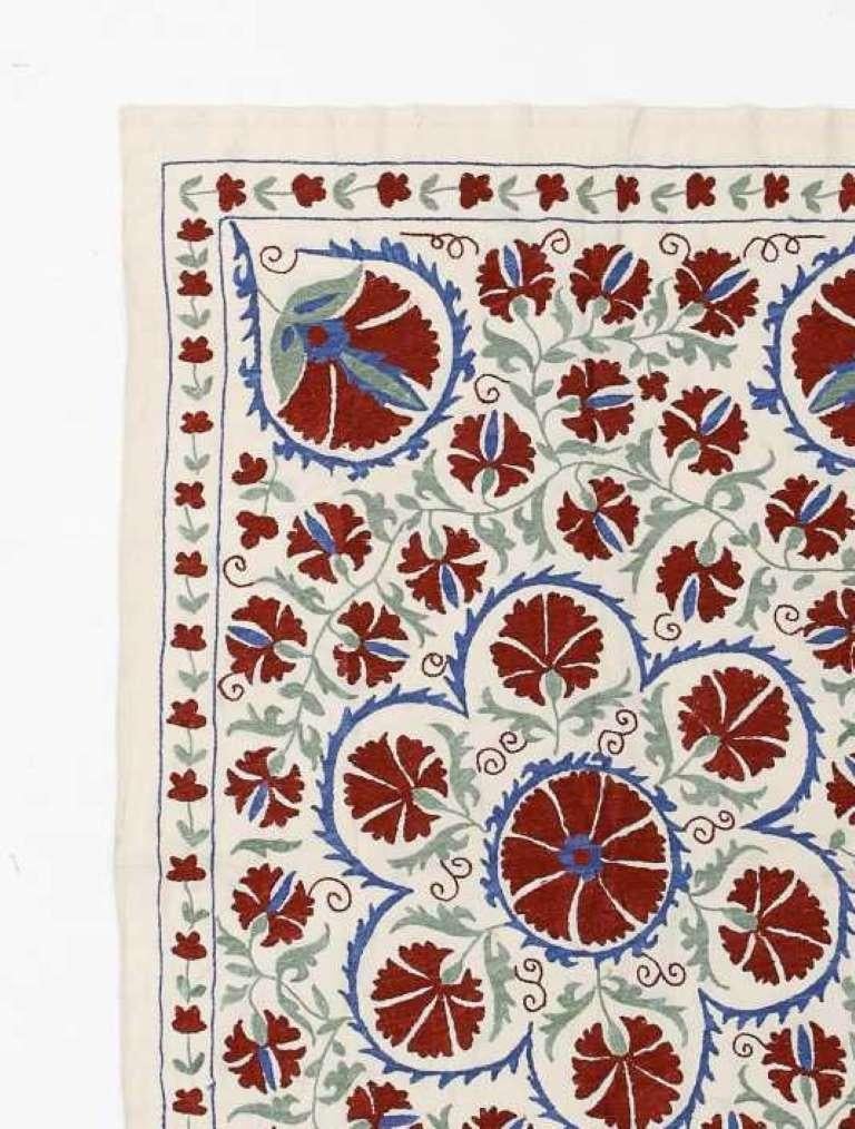 Uzbek Central Asian Suzani Textile, Embroidered Cotton and Silk Bed Cover