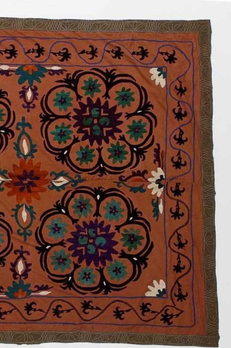 Central Asian Suzani Textile, Embroidered Cotton and Silk Bed Cover In Good Condition In Spring Valley, NY