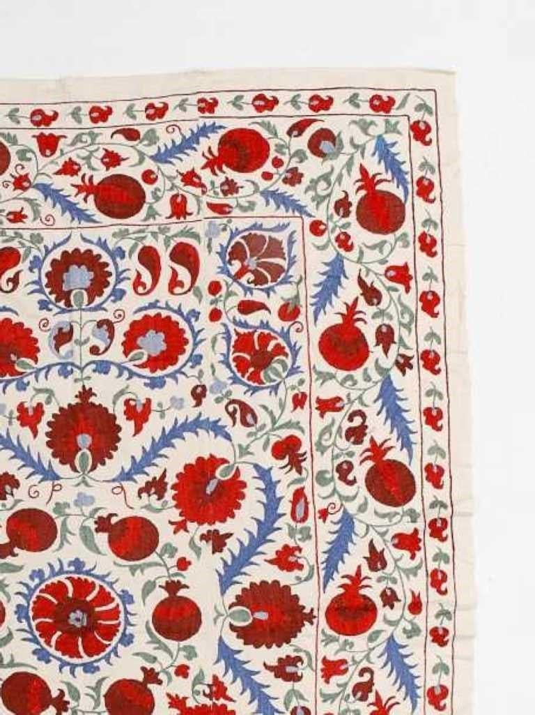 Uzbek Central Asian Suzani Textile, Embroidered Cotton and Silk Bed Cover