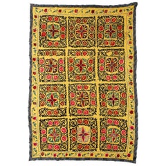 Central Asian Suzani Textile, Embroidered Cotton and Silk Bed Cover
