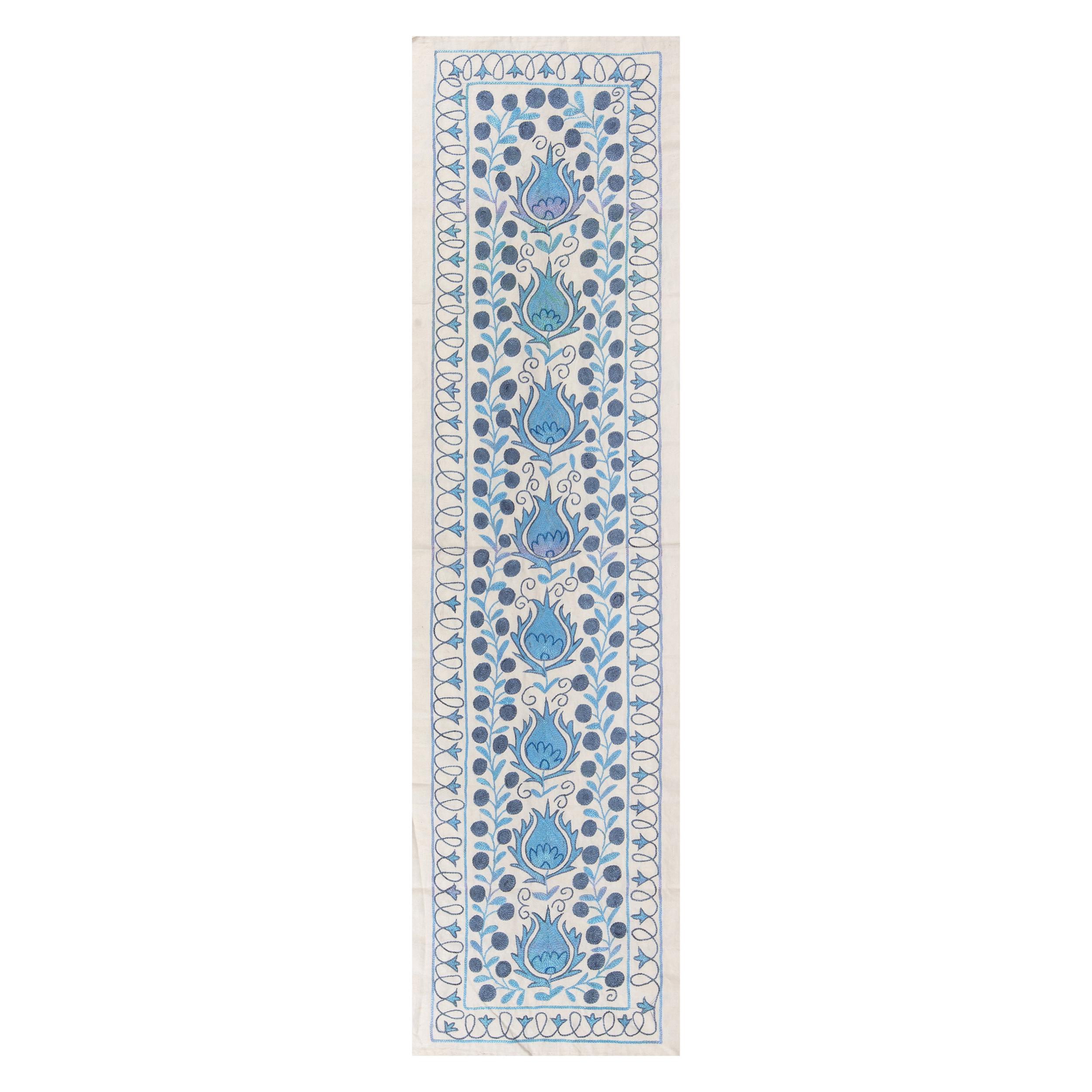 1.7x6.2 Ft Central Asian Suzani Textile. Embroidered Cotton & Silk Table Runner For Sale
