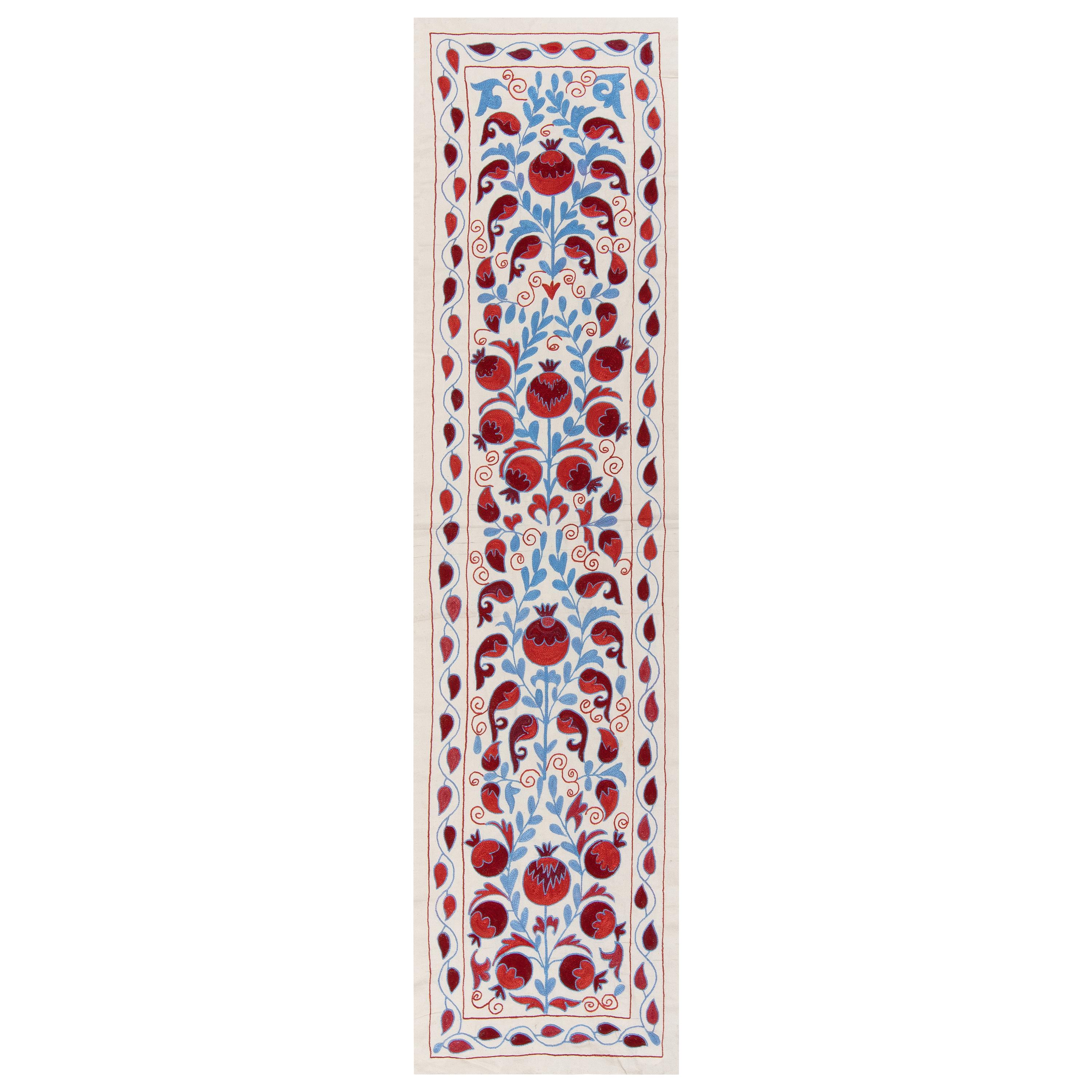 1.7x6.3 Ft Silk Embroidery Table Runner, Uzbek Wall Hanging in Red, Cream & Blue For Sale