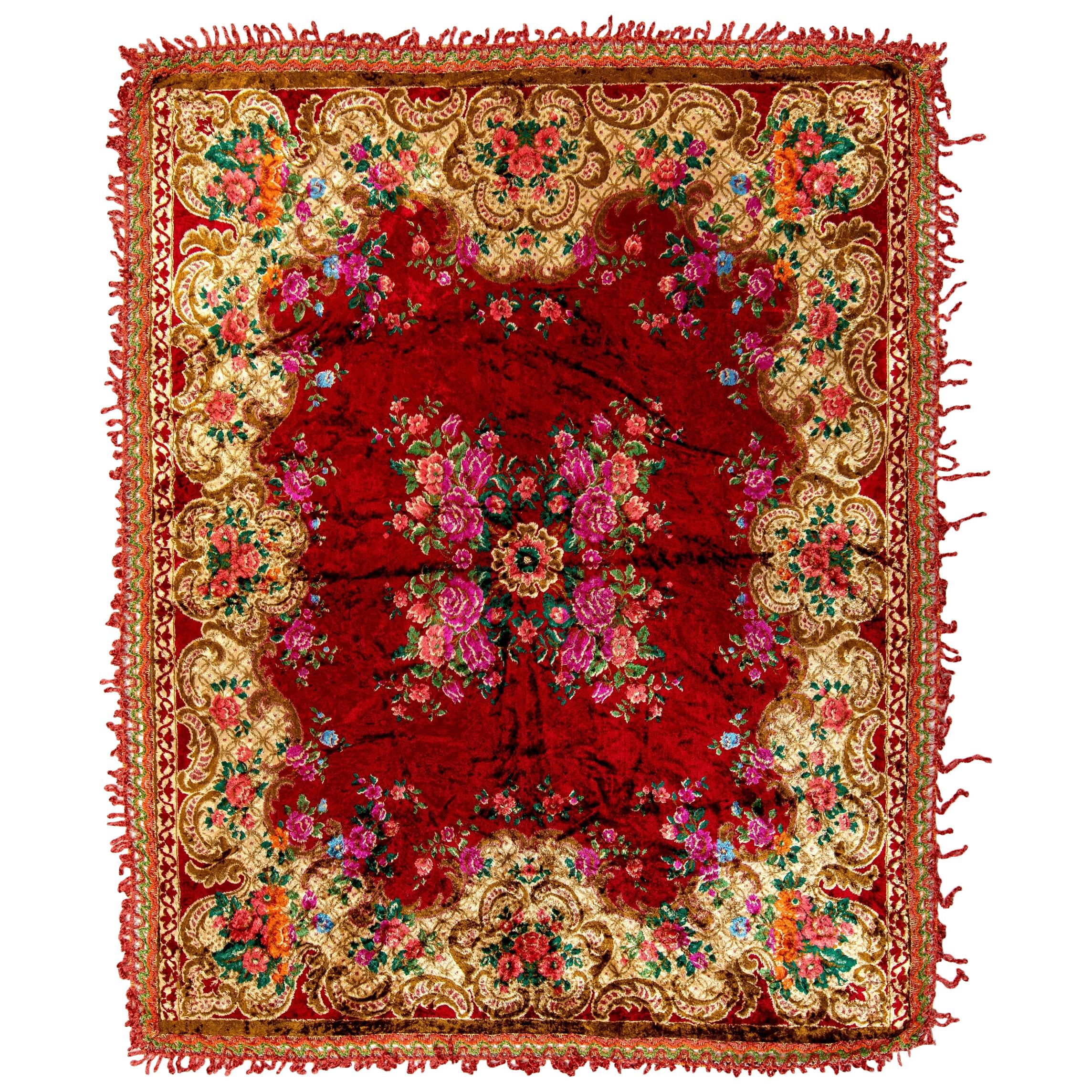 6.3x7.6 Ft Vintage Floral Moldovan Velvet Table Cover with Crochet Border