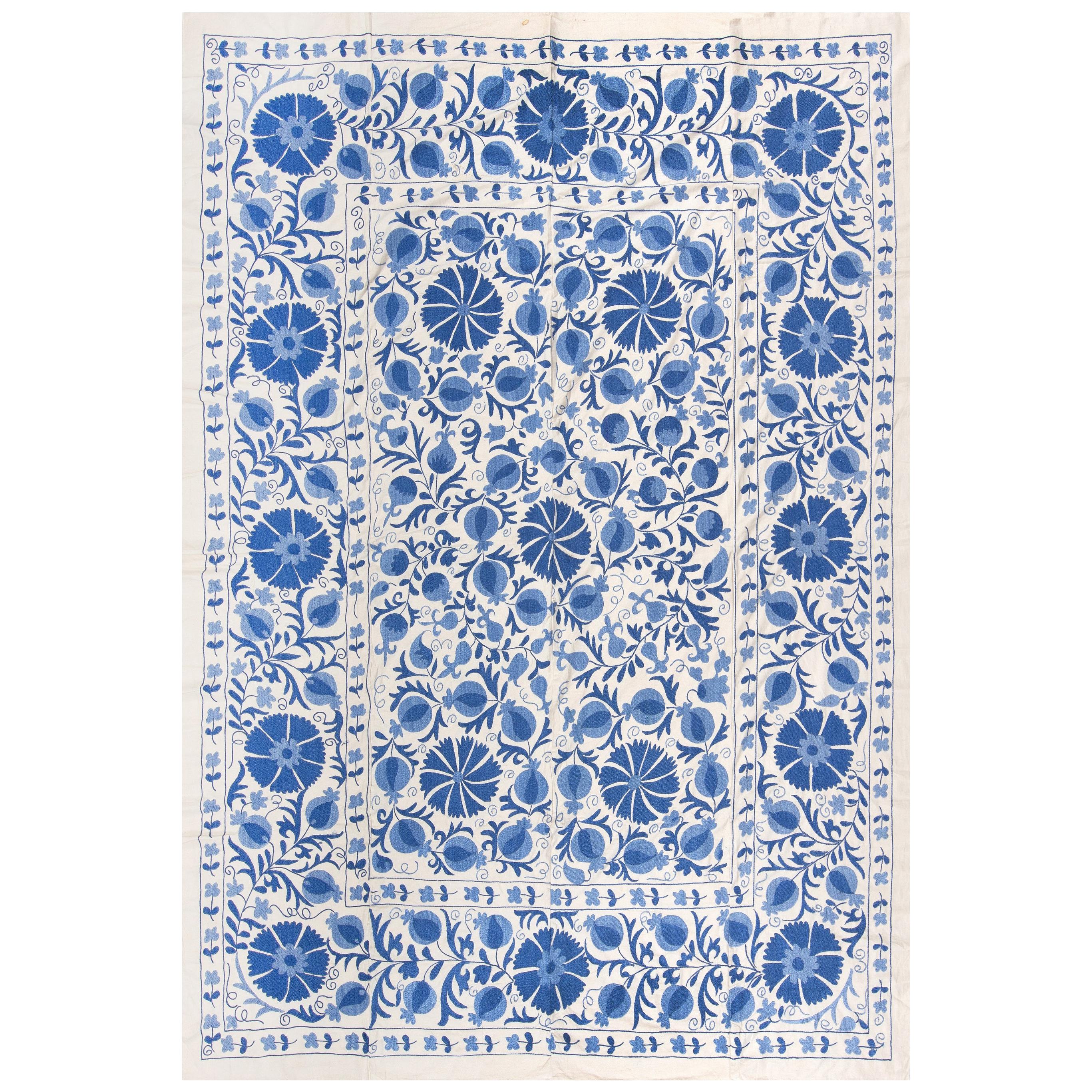 6.3x8.2 Ft Embroidered Wall Hanging in Cream & Blue, Handmade Suzani Bedspread For Sale